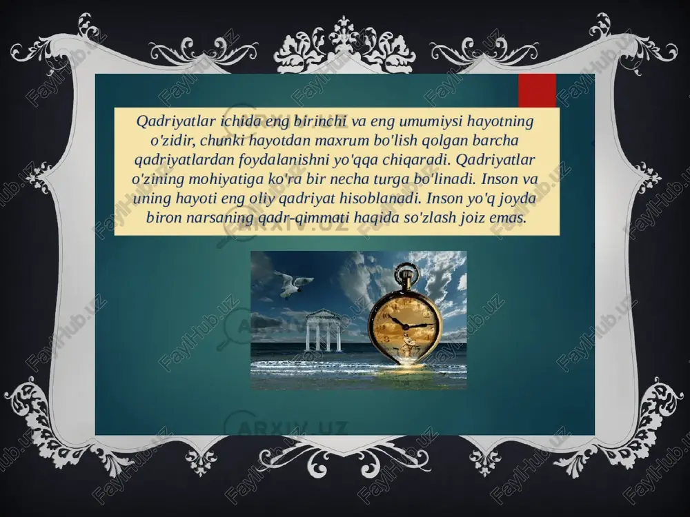 g hayoti, haq-huquqiga hujum qilib, ularni izdan chiqarish, egallab olishga bo'lgan o’rinishni bildiradi. zire mua, tqvilav voihsiavhony inmitoi1.909 va uis.wl oyvz.o vgisvly.o yvinvgo 'ilvainvovw ‘ilyaiavn.w ‘igosiloi yvilviviwva ant ad — anhsvtiveotd * har bir ijtimoiy hodisaning ijobiy va salbiy tomoni bo’lgani singari, globallashuv jarayoni ham bundan mustasno emas. hozirgi paytda uning g’oyat o'tkir va keng qamrovii ta’sirini deyarli barcha sohalarda ko’rish, his etish mumkin. aynigsa, daviatlar va xalqlar o'rtasidagi integratsiya va hamkorlik alogalarining kuchayishi, xorijiy investitsiyalar, kapital va tovarlar, ishchi kuchining erkin garakati uchun qulayliklar vujudga kelishi, ko’plab yangi ish o’rinlarining yaratilishi, zamonaviy kommuni-katsiya va axborot texnologiyalarining, ilm-fan yutuqlarining tezlik bilan targalishi, turli qadriyatlarning umuminsoniy negizda uyg’unla-shuvi, slee gate mulogotning yangicha sifat kasb etishi, ekologik ofatlar paytida o’zaro ordam ko'rsatish imkoniyatlarining ortishi — tabiiyki, ularning barchasiga globallashuv tufayli erishilmoqda. yoshlar ongida milliy g’oya ishonch va etiqod sifatida shakllanishi uchun uning quyidagi funksiyalari katta ahamiyatga ega: 1) bilish; 2) tarbiyaviy; 3) …