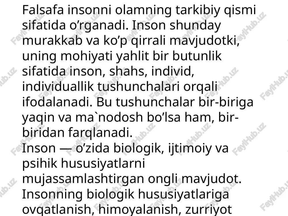 inobarin ularni shu darajada o’zgartirdiki, uning faoliyati natijasida er shari bilan qilib, i ozini qiladi g oya olgan ketao umumiy o’limga mahkum bo'lgandagina u birga yo’q bo'lib ketishi mumkin. shunday nson nafagat tabiatni o’rganib biladi, balki o’rab turgan dunyoni o’zgartiradi, «ijod» ham. birog landshaft (tabiat manzarasi)ni it o’zgartirib yuborgan va koinotgacha chiqa insoniyat hech qachon tabiatdan uzilib maydi, u hamma vaqt uning bag rida ashaydi. page 8 tabiyay va jamiyat, ularning o’zaro aloqasi * jamiyat — keng ma’noda insonlarning tarixan qaror topgan birgalikdagi faoliyatlari majmui yoki tor ma’noda wy tuspseoal earning konkrel oid. tabiat — keng ma’noda butun borliq olam va uning xilma — xil shakllari; tor ma’noda kishilarning moddiy va ma’naviy ehtiyojlarini gondirish manbai bo'lgan atrof tabiiy muhit. inson o’zining hayoti davomida butun borliqdan emas, balki uni o’rab turuvchi va uning ta’siri doirasida turgan atrof tabiiy muhitdan foydalanish mumkin. page 5 yi oe fa exologik madaniyat |