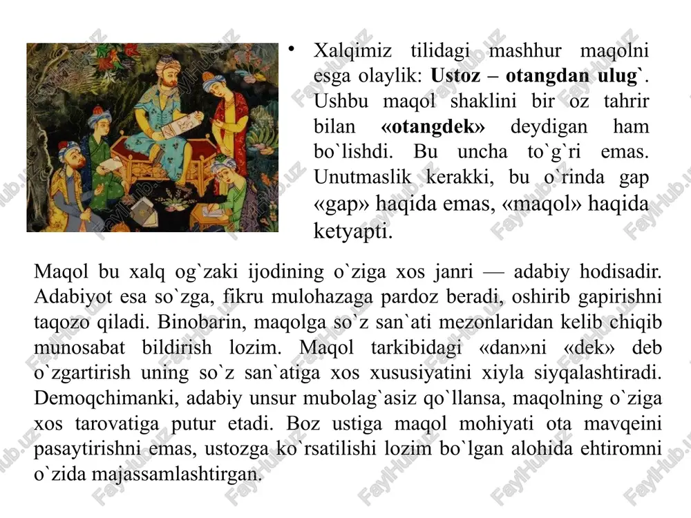 yoshlaridan aqlli, odobli va albatta baxtli yoshlar etishib chiqadi. rivoyat qilinadiki bir odam to`y qilmoqchi bo`lib, ahli ilmlardan biriga to`yga aytilganlar ro`yxatini o`qib beribdi. shunda olim: “otangni mehmonga aytdingmi?”, debdi. uning savolidan ajablangan yigit: “otam o`tib ketgan bo`lsalar, ularni qanday mehmonga chaqiraman!”, debdi. “otangning yaxshi amallarini eslab, xatmi qur`on yoki kichik bir ehsoningda yaxshi ishlarini yod etib, duo qilishing mehmon qilganing bo`ladi”, debdi. albatta yurtimizda keng nishonlanayotgan ustozlar va murabbiylar kunida, o`tgan ustozlarimizni eslab haqlariga duo qilishimiz ularning ruhini shod qiladi. e`tiboringiz uchun raxmat! image1.jpeg image2.jpeg image3.jpeg image4.jpeg image5.png image6.jpeg /docprops/thumbnail.jpeg ustozlik sharafi. 1 oktyabr’ - ustoz va murabbiylar kuni mm