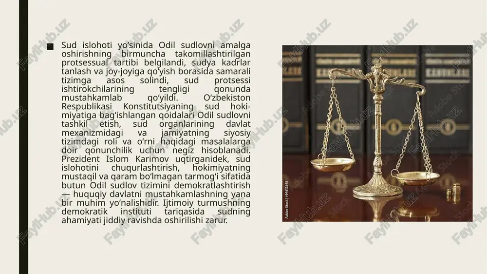 espublikasi oliy sudi fuqarolik, jinoiy, iqtisodiy va ma’muriy sud ishlarini yuritish sohasida sud hokimiyatining oliy organi etib belgilandi. amnistiya aktini qo‘llash to‘laligicha sudlar vakolatiga o‘tkazildi. shu o‘rinda amnistiya akti hamma davlatlarda ham qabul qilinmasligiga yoki ayrim davlatlarda 10 yoki 20 yilda bir marta qabul qilinishiga yohud amnistiya aktining faqat ma’lum toifa shaxslargagina nisbatan qo‘llanilishini e’tiborga olsak, mamlakatimizda naqadar insonparvar siyosat amalga oshirayotganligini ko‘rishimiz mumkin. sud tizimini malakali, yetuk kadrlar bilan ta’minlashda sudyalik lavozimiga kadrlarni tanlash va tavsiya etish bo‘yicha zamonaviy demokratik tamoyillarga asoslangan huquqiy mexanizmi yaratildi, ya’ni mustaqil sudyalar oliy kengashi tashkil etilib, ushbu sohadagi vakolatlarni amalga oshirish unga yuklatildi. xulosa o‘rnida shuni aytish mumkinki, konstitutsiyada belgilangan sud-huquq tizimiga oid qoidalar alohida qonun hujjatlarida yildan-yilga inson huquqlari ustuvorligi tamoyilining bosh omil ekanligidan kelib chiqib rivojlanmoqda. eng muhimi mustaqil o‘zbekiston konstitutsiyasi mamlakatimizda sud-huquq tizimini isloh etish hamda inson huquq va erkinliklarini himoya qilish bilan bog‘liq islohotlar mayog‘i, ularning qonunchilik asoslarini yaratish …