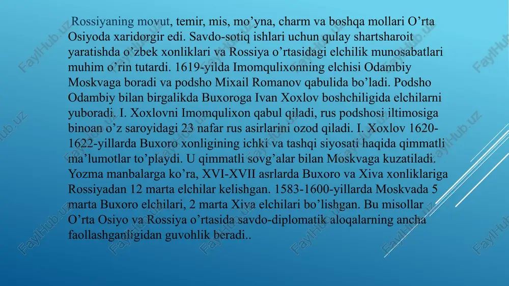 ’natib, rossiya tobeligiga o’tish istagini bildiradi. 1732-yilda kichik juz, 1739-1740-yillarda semekexon boshchiligidagi o’rta juz, 1747-yilda katta juz ham rossiya tobeligiga o’tadi . natijada rossiya hukumati uchun o’rta osiyoni o’z ta’siriga bo’ysundirish yo’lida qulay imkoniyat yuzaga keladi. 1734-yili senat kotibi i.kirillov boshchiligida harbiy guruh tayinlanadi. u "orol dengizida rossiya bayrog’ini ko’tarish", "buxoro va undan hindistonga" boradigan yo’lni ochishi, oltin konlarini izlashni davom ettirishi lozim edi. 1735-yilda kirillov guruhi or daryosi bo’yida or qal’asini qurdi (keyinchalik bu qal’a atrofida orenburg shahri vujudga keladi), yoyiq va irtish sohillari (sibir)da istehkomlar barpo etdi. xonliklar savdogarlari rossiya bilan orenburgda savdo-sotiq qiladigan bo’lishdi. xviii asrning ikkinchi yarmidan boshlab rossiya savdo-­iqtisodiy aloqalarida o’rta osiyo xonliklarining ahamiyati yanada orta bordi. bunda, birinchidan, rossiyada rivojlanib borayotgan sanoat uchun xomashyo manbalari topishga intilish, ikkinchidan, osiyoda, xususan hindistonda angliya ta’sirining kuchayib borayotganligi sabab bo’lgan. xviii asr oxiri xix asr boshlarida rus sarmoyasi o’rta osiyo bozorida yetakchi o’rinni egalladi. ingliz mollari rossiya …