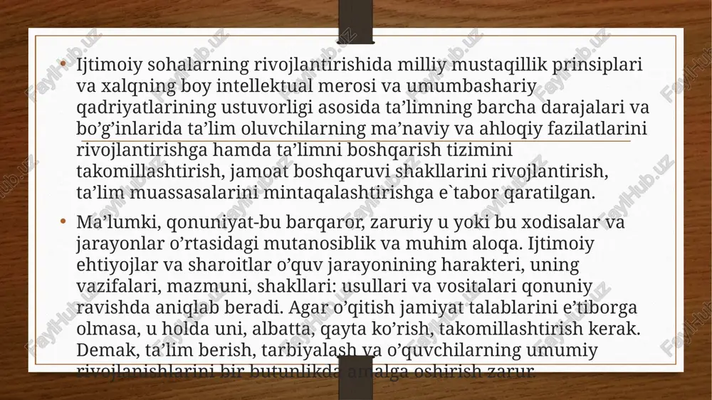 hosil qilish talabalarning o`z ichiga oladi. ta’limning ilmiy bo`lishi prinsipi ta`lim jarayonida o`quvchilarning hozirgi fan va texnika taraqqiyot darajasiga muvofiq keladigan ilmiy bilimlar bilan qurollashtirishni hamda maktab ta`limi davomida yoshlarni ilmiy bilimlar bilan tanishtirib borishni ta`minlashga qaratilgan. 3. ta’lim-tarbiya sifatini oshirish va bunda didaktik tamoyillarga yondashish mexanizmlarini tadqiq qilish hozirgi kunda o’z yechimini to’liq topgan emas. pedagogika fani yuksalishiga ko’plab olimlar o’z hissalarini qo’shib kelishgan. a. zunnunov, u. mahkamov, j. hasanboyev, r.jo`rayev, k.hoshimov, s.nishonova, o.hasanbayeva, o.to`rayeva, o`.tolibov, x.ibragimov kabi yirik olimlarimiz pedagogika fanining hozirgi kundagi dolzarb masalalari yuzasidan tadqiqotlar olib borib, uning rivojiga muhim hissa qo`shib kelmoqdalar. ta'lim nazariyasi, didaktika, ta’lim qonuniyatlari va tamoyillari masalalari o’zbek mutafakkirlari va ma'rifatpavarlarining, pedagog olimlari (s.rajabov, a.munavvarov, o.roziqov, r.mavlonova, n.toxtaxodjayeva, j.hasanboyev, u.mahkamov va boshqalar) ning ham diqqat-e'tiborida bo’lib kelgan. ular tomonidan yaratilgan darslik va qo’llanmalarda didaktik prinsiplar mohiyati yoritilgan. pedagog olimlarimiz m. ochilov, n. sayidahmedov, j. g’. yo’ldoshev, n. azizxodjaeva, m.to’xtaxodjayeva, r.mavlonovalarning ishlarida ta’limqonuniyatlari …