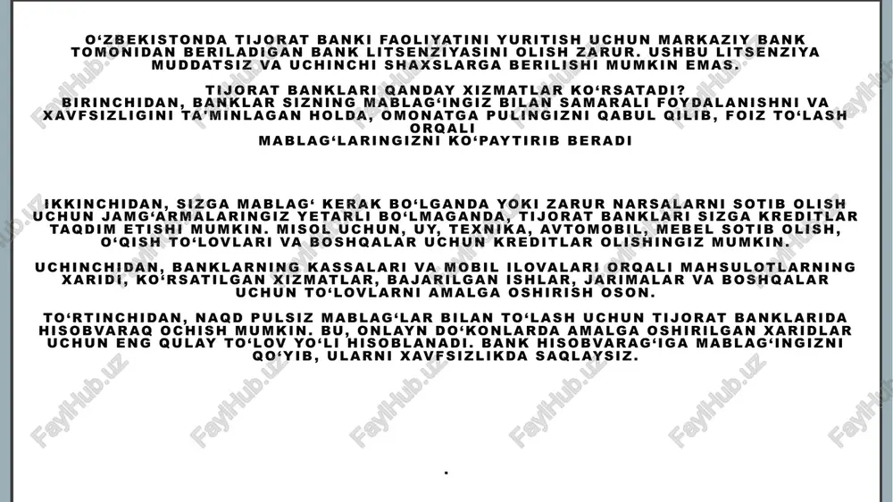 oʻʼba bankdir. mazkur banklarning respublika hududida faoliyat koʻrsatayotgan 800 dan ortiq, filiallari va 690 dan ortiq minibanklari bor. respublikada 7 chet el tijorat bankilari, 4 xalqaro moliya tashkilotlarining vakolatxonalari faoliyat koʻrsatadi. tijorat banki faoliyati oʻzbekiston respublikasining „banklar va bank faoliyati toʻgʻrisida“ (1996, 25 apr.) qonuniga muvofiq tartibga solinadi. tijorat bankining yuridik shaxs sifatidagi maqomi tijorat banki oʻzining xarajatlarini oʻzining daromadlari hisobidan moliyalashtiradigan va yuridik shaxs maqomiga ega boʻlgan kredit muassasasidir. yuridik va jismoniy shaxslar, shu jumladan chet ellik jismoniy va yuridik shaxslar bank muassislari boʻlishi mumkin. o‘zbekiston respublikasida bank muassislari bank aksiyadorlari tarkibidan u roʻyxatga olingan kundan boshlab 1 yil mobaynida chiqib ketish huquqiga ega emas. tijorat bankining boshqaruv organlari boʻlib quyidagilar hisoblanadi: aksiyadorlarning umumiy yigʻilishi; bank kengashi; bank boshqaruvi. oʻzbekiston respublikasida bank kengashi aʼzolari kamida 5 kishidan iborat boʻlishi lozim. aksiyadorlardan tashqari bank sohasi olimlari va mutaxassislari ham bank kengashi aʼzolari boʻlishi mumkin. boshqaruv bank kengashi va aksiyadorlar umumiy …