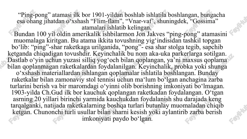 atlarda tez tempda o‘ynaydiganlarni tayyorlash samarali ravishda yo‘lga qo‘yilgan. stol tennis - xalqaro federatsiyasi (ittf, 1926-y. tashkil etilgan) 130 dan ortiq milliy federatsiyani birlashtiradi. 1926-yildan boshlab har 2 yilda jahon birinchiligi oʻtkaziladi, 1988-yildan olimpiada oʻyinlari dasturiga kiritilgan. oʻzbekistonda stol tennisi keng ommalashgan. oʻzbekiston chempionati va kubogi musobaqalari muntazam oʻtkazib turiladi. oʻzbekiston stol tennisi federatsiyasi 1993-yil ittfga aʼzo boʻlib kirgan. stol tennis raketkasi 12 olimpiada shioriga “birgalikda” so‘zi qo‘shildi. endilikda u “citius, altius, forties communis!”, ya'ni “tezroq, balandroq, kuchliroq – birgalikda!” kabi yangraydi. musobaqalardan lavhalar stol tennis bo‘yicha o‘zbekiston chempionati yakunlandi. jizzaxda stol tennis bo‘yicha kattalar o’rtasidagi mamlakat birinchiligi yakuniga yetdi. joriy chempionat mas’uliyatli musobaqalar kutib turgan 2023 yil oldidan terma jamoa tarkibini shakllantirib olishda muhim bosqich vazifasini o‘tab berdi. opredelilis chempioni i prizyori chempionata uzbekistana po nastolnomu tennisu v parnix i smeshannix razryadax. rezultati: ------------ stol tennisi bo'yicha o'zbekiston chempionatining juftlik va mikst bahslarining g'olib va sovrindorlari aniqlandi. natijalar: erkaklar …