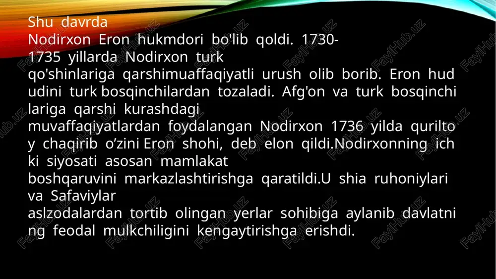 kin tahmasp harbiy harakatlarga aralashdi va nodir egallagan barcha yerlarni boy berish bilan birga eronni bir qismini turklarga topshirishga majbur bo'ldi. nodir ommada turklar bilan tuzilgan sulhga nafrat uyg'ota oldi. nodirquli 1732-yili tahmaspni taxdan ag'darib, o'rniga balog'atga yetmagan o'g'li abbos iii ni taxtga o'tkazdi va o'zini shoh otalig'i deb e'lon qildi. nodirquli eron shohi. usmoniylarga qarshi kurash olib borayotgan nodir dastlab muvaffaqiyat qozonmadi, lekin 1733-yili yangi kuch to'plab kavkazda harakat boshladi. 1735-yilgi tinchlik sulhiga ko'ra gruziya va armaniston o'tdi. 1736-yili sigovushon (hozirgi sobirobod) shahridagi qurultoyda nodir shohlikka saylandi, 1740-yili abbos iii ni otasi oldiga jo'natdi va oradan ko'p o'tmay tahmasp bilan birga o'ldirtirib yubordi. taxtga chiqqan nodir sunniylikning hukmdor aqidaligini rasman e'lon qildi. bu qo'shni sunniy davlatlarni egallashda yordam berishiga ishonardi. nodir 1737-yili afg'onistonga bostirib kirdi. bir yil davomida qandahor va boshqa hududlarni bo'ysundirdi, bir qancha afg'on qabilalari nodirshoh qo'shinini asosini tashkil etadigan bo'ldi. hindistonga yurish. qobulni qo'lga kiritgach nodir …