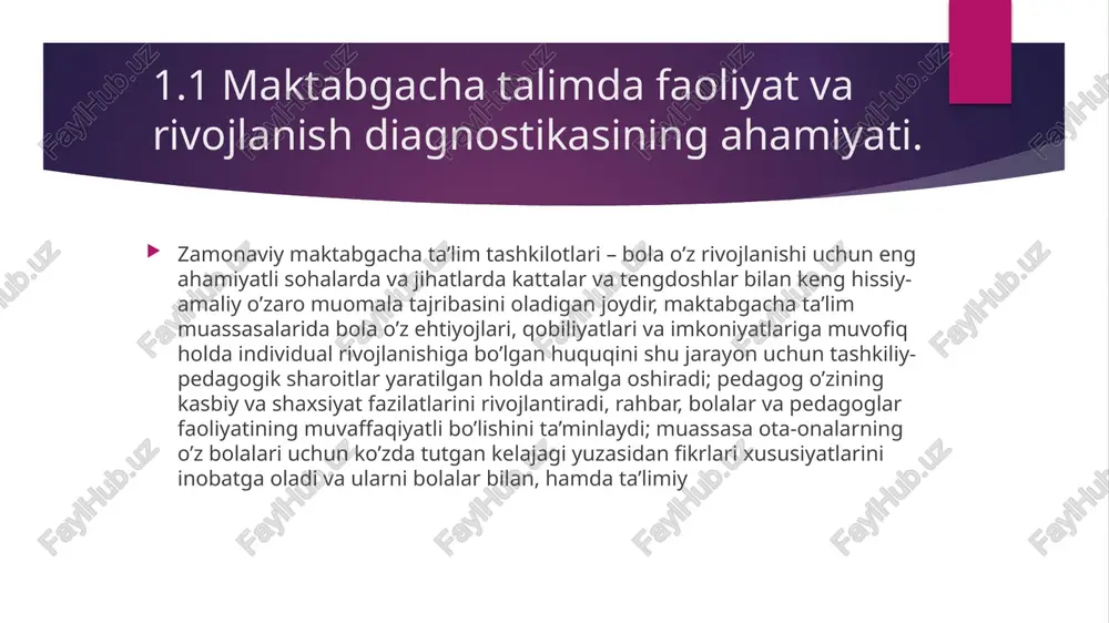 alim tarbiyasiga diagnostika qo’yishning asosiy omili sifatida maktabgacha ta’lim muassasalarida pedagogik diagnosdan foydalanib, interfaol o’yinlardan tashik etish ijobiy natijalarga olib keladi. bu o’yinlar jarayonida bola passiv obyektdan faol subyektga aylanadi. tarbiyachining asosiy vazifasi esa o’yinni tashkil etish, bolalar ijodiga sharoit yaratishdan iborat. interfaol o’yinlar jarayonida bola mustaqil fikrini to’g’ri bayon etishga, boshqalarni tinglashga o’rganadi, boshqacha qilib aytganda interfaol o’yinlar orqali kelajakda har bir bola uchun zarur bo’lgan ijobiy sifatlar shakllantiriladi.pedagogik nuqtayi nazardan to’g’ri tashkil etilgan o’yin bolaning axloqiy, irodaviy xususiyatlarini shakllantirish bilan birga unda bilim olishga, atrofdagi olam sirlarini ochishga qiziqish uyg’otadi. shuning uchun maktabgacha ta’lim muassasalarida o’yin texnologiyalaridan keng foydalanish kerak. 2.2 maktabgacha talim tashkilotida faoliyat va rivojlanish diagnostikasini qo’llash psixologik nuqtai nazardan, maktabgacha yoshdagi bolalik ijodiy qobiliyatlarni rivojlantirish uchun qulay davr hisoblanadi, chunki bu yoshda bolalar o’ta izlanuvchan, ularda atrofdagi dunyoni o’rganishga intilish katta. ota-onalar va o’qituvchilar qiziquvchanlikni rag’batlantirish, ularga bilim berish, turli tadbirlarga jalb qilish orqali bolalar …