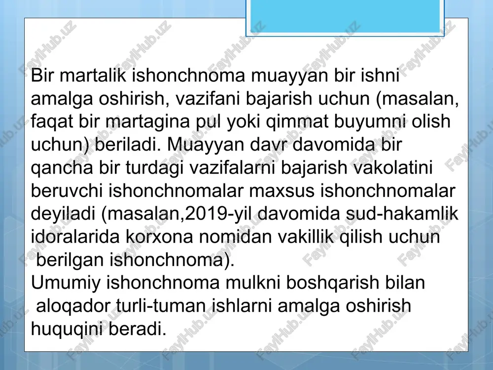 gospitallarda, sanatoriylarda va boshqa harbiy-davolash muassasalarida davolanayotgan harbiy xizmatchilarning hamda boshqa shaxslarning shu muassasalarning boshliqlari, ularning tibbiy qism bo'yicha o'rinbosarlari, katta va navbatchi shifokorlari tomonidan tasdiqlangan ishonchnomalari, avtomototransport vositalarini boshqarish va tasarruf etish haqidagi ishonchnomalar bundan mustasno; harbiy xizmatchilarning, harbiy qismlar, qo'shilmalar, muassasalar hamda harbiy o'quv yurtlari joylashgan, notarial idoralar va notarial harakatlarni amalga oshiruvchi boshqa organlar bo'lmagan punktlarda esa — ishchi va xizmatchilarning, ular oilalarining va harbiy xizmatchilar oila a'zolarining shu qism, qo'shilma, muassasa va o'quv yurtlarining komandirlari (boshliqlari) tomonidan tasdiqlangan ishonchnomalari, avtomototransport vositalarini boshqarish va tasarruf etish haqidagi ishonchnomalar bundan mustasno; ozodlikdan mahrum qilish joylarida bo'lgan yoki qamoqda saqlanayotgan shaxslarning tegishli muassasalar boshliqlari tomonidan tasdiqlangan ishonchnomalari, avtomototransport vositalarini boshqarish va tasarruf etish haqidagi ishonchnomalar bundan mustasno ishonchnoma fkning 141-moddasida ko'rsatilganidek, quyidagi hollarda bekor bo'ladi muddat tugashi. ishonchnoma beruvchi tomonidan bekor qilinishi. vakolat olgan shaxsning vakillikdan bosh tortishi. nomidan ishonchnoma berilgan yuridik shaxsning bekor bo'lishi. nomiga ishonchnoma bergan yuridik …