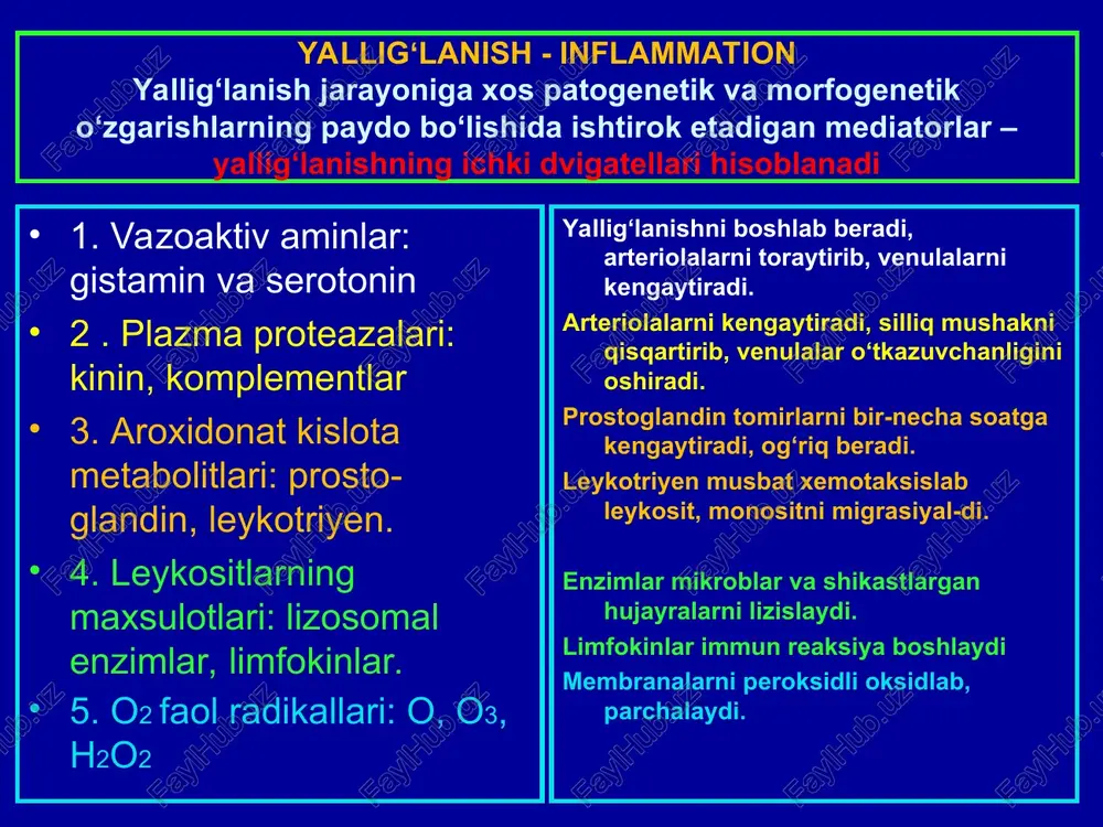 belgilari o‘pka, miliar sil tugunlari o‘pka, sil tugunchasi yurak, revmatik tuguncha yot tanachalar atrofidagi yalligʻlanish sut bezi, gel atrofidagi skleroz sut bezi, silikon atrofidagi skleroz polip va kandilomali yalligʻlanish me’da, poliplar (makro-) me’da, polit (mikro-) spesifik yallig‘lanish belgilari 1. xar bir maxsus yallig‘lanish turining o‘z qo‘zg‘atuvchisi bo‘ladi. 2.spesifik yallig‘lanishda proliferativ to‘qma reaksiyasi ustun turadi va xar xil kasallikka xos granulemalar paydo bo‘ladi. 3.nekroz kelib chiqadi: agar to‘qimada alterativ reaksiya ustun bo‘lsa, granulema shakllanmasdan oldin birlamchi nekroz yuzaga keladi. 4.klinik-morfologik jixatdan xilma-xildir. 5.spesifik yallig‘lanish surunkali tarzda to‘lqinsimon kechadi. spesifik yallig‘lanish turlari sil kasalligida yallig‘lanish o‘chog‘larida 3 xil to‘qima reaksiyalari kuzatiladi: alterativ (kazeoz, kollikvasion nekroz), ekssudativ va produktiv. ular aloxida maxsuslikka ega bo‘lib, sil kasalligi granulemasini paydo qiladi. granulema markazida detrit-nekroz, atrofida epitelioid xujayralar xalqa ko‘rinishida joylashadi, undan chekkaroqda limfositlar plazmositlar, makrofagler o‘rin oladi. sil kasalligi granulemasiga xos narsa, bu gigant xujayralar uchrashilir, u piragov-lagans (muallifi) xujayrasi deyiladi. zaxm kasalligida xar bir …