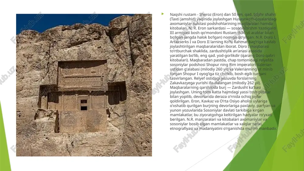 ‘risida qisqa bo‘lsada, juda aniq ma’lumotlar beruvchi gerodotning “tarix” kitobi qismlari ayniqsa qimmatlidir. qadimgi davrlardan boshlab bu kitob dunyoda eng mashhur tarixiy asarlaridan biri bo‘lib hisoblangan. uning muallifi gerodot “tarixning otasi” deb nom olgan. gerodot miloddan avvalgi 484 yilda kichik osiyodagi galikarnass shahrida tug‘ilgan (miloddan avvalgi 431 − 425 yillar o‘rtasida vafot etgan). u 10 yil davomida (miloddan avvalgi 455 − 445 yillar) liviya, misr, ossuriya, bobil, ekbatonga sayohat qilib, qadimgi sharq tarixi haqida ko‘pdan-ko‘p ma’lumotlar to‘plagan. misr fir’avnlarining maqbaralari, bobil mudofaa devorlari va muqaddas minoralari, qora dengiz shimoliy sohilidagi skif mozor-qo‘rg‘onlari gerodotni zavqlantirib, uning qadimgi sharq tarixi va madaniyatiga ma’lum bo‘lgan qiziqishlarining g‘oyat kuchayishiga asos solgan. "syan xan shu" - yirik tarixchi olim byan gu (39-92) tomonidan yozilgan bo'lib, bu asar "syan xan shu" ("avvalgi xan sulolasining tarixi") ataladi. tarixchi anlin (shensi viloyati) shahrida g'arbiy xan sulolasi (miloddan avvalgi 206 — milodning 220-y.) xizmatida turgan yirik mansabdor va tarixshunos …