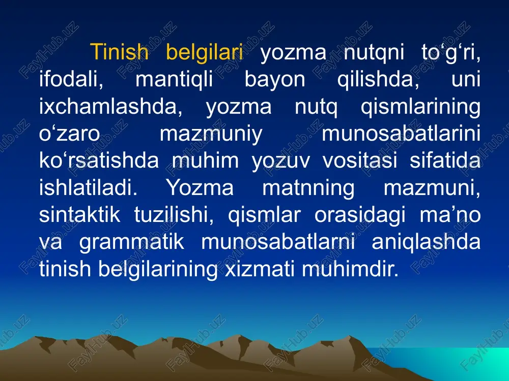 n kiritma shaklida kelib, noodatiy vazifa bajarishga ham xizmat qiladi. bunda so‘roq, undov va ko‘p nuqtalar qavs ichida beriladi. xulosalar ko‘p nuqta muayyan fikrni ta’kidlash, emotsionallikni kuchaytirish, muhim jihatni ajratib ko‘rsatish maqsadida badiiy matndagi sukut va kesish, ulab ketish kabi hodisalarning yuzaga kelishida asosiy vazifa bajaradi. badiiy matnda undov va so‘roq, undov va ko‘p nuqta, so‘roq va ko‘p nuqta, ketma-ket undov belgisi ham his-hayajon va unga qo‘shimcha ma’nolarning ifodalanishida qo‘llanilishi mumkin. e`tiboringiz uchun rahmat!!! image2.jpeg image3.jpeg image1.jpeg a
