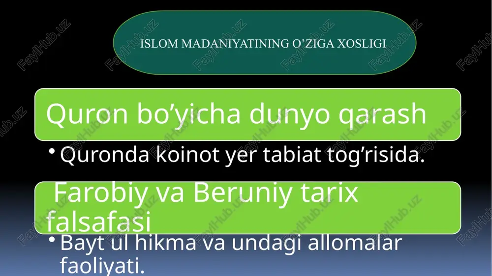 tta hissa qoʻshdilar. tarjima ishlarida turli mamlakatlardan kelgan olim va tarjimonlar, jumladan turkiston olimlaridan ahmad fargʻoniy, muhammad xorazmiy, abbos ibn sayd javhariy va ahmad ibn abdulloh marvaziylar qatnashgan. bu yerda olimlar chet tildagi murakkab tushunchalarni berishga qodir arab atamashunosligini yaratishga va uni boyitishga katta hissa qoʻshdilar. xulosa islom dini va ma’daniyati vii – viii asrlarda keng tarqalgan din hisoblanadi. ilm fan o’rta osiyo hududida ayniqsa keng tarqaladi .bayt ul hikma va unda olimlar yetishib chiqadi va bundan tashqari “ma’mun akademiyasi” ham faoliyat yuritgan bularning barchasi i slom qoidalari va tafsirlari natijasida vujudga keladi. e’tiboringiz uchun rahmat!!! image7.jpeg image8.jpeg image9.jpeg image10.jpeg image11.jpeg image12.jpeg image13.jpeg image14.jpeg image15.jpeg image16.jpeg image17.jpeg £2 bag'dod shahri sharqning yirik ilm va madaniyat markazi edi. etilgan edi.