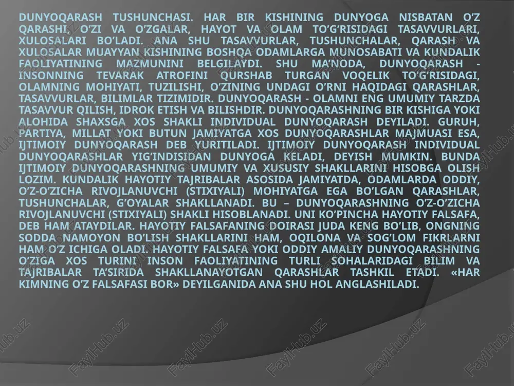 a (afsonalar, rivoy: o‘tuvchi bilim bilan ins' va tanqidiy fikrlash yo‘ falsafa so‘zini ilk bor qadimgi agor miloddan avvalgi vi asrda tayyor atlar, an’analar orqali) avloddan avlodga on oz aqliga tayanib, mushohada yuritish i orqali olishi mumkin bo‘lgan bilimni farqlash maqsadida ish atgan. « profil university dunyoqarash turlari: mifologik diniy falsafiy ¥ profil university falsafiy dunyoqarash tamoyillari falsafiy di h ‘alsafiy dunyogaras! nazariya va ilmiydir amaliyot birligi tarixiylik tamoyili g‘oyaviylik universallik maqsadga bapmys wed maxmyg oe