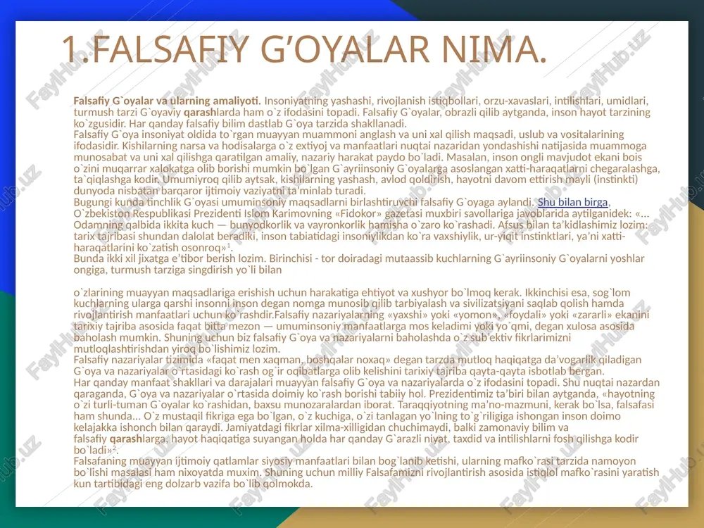 («evrika» grekcha so`z bo`lib, kashf etish, degan ma’noni anglatadi) gnoseologik vazifasi bilan bog`liq bo`lib, tabiat, jamiyat va inson tafakkuri rivojlanishining umumiy yangi qonuniyatlarini kashf etishni harakterlaydi. shu bilan birgalikda bu funksiyaga o`zini o`zi anglashni, milliy o`zlikni anglashni ham kiritish maqsadga muvofiq. zero, inson va millatning o`zligini anglashi o`z tarixining xaqqoniy qirralarini va kelajak istiqbollarini kashf etish bilan belgilanadi. falsafa tarbiyaviy vazifani bajaradi. insonning ma’naviy barkamollikka yetishishida falsafaning o`rni va ahamiyati kattadir. xususan, «axloq falsafasi» kishida yo`qsak axloqiy me’yorlar — vatanparvarlik, mehnatsevarlik, g`oyaviylik, e`tiqod, ijtimoiy-siyosiy faollik va mas’uliyatni xis etish tuyg`ularini tarbiyalaydi. «huquq falsafasi» huquqiy ongni, huquqiy madaniyatni, ijtimoiy nazoratning boshqa huquqiy usul va vositalarini nazariy-amaliy jixatlardan ishlab chiqadi. «tabiatshunoslik falsafasi» ta’lim-tarbiya soxasida o`ziga xos ahamiyatga ega. insonning tabiatni bilish borasidagi intilishlari mohiyatini yoritadi, tabiatga nisbatan oqilona munosabatni shakllantirib, uni muxofaza qilishning nazariy asoslarini belgilab beradi. falsafaning praksiologik funksiyasi falsafiy g`oya va nazariyaning ijtimoiy hayotga amaliy tatbiq etilishi bilan izohlanadi.har qanday …