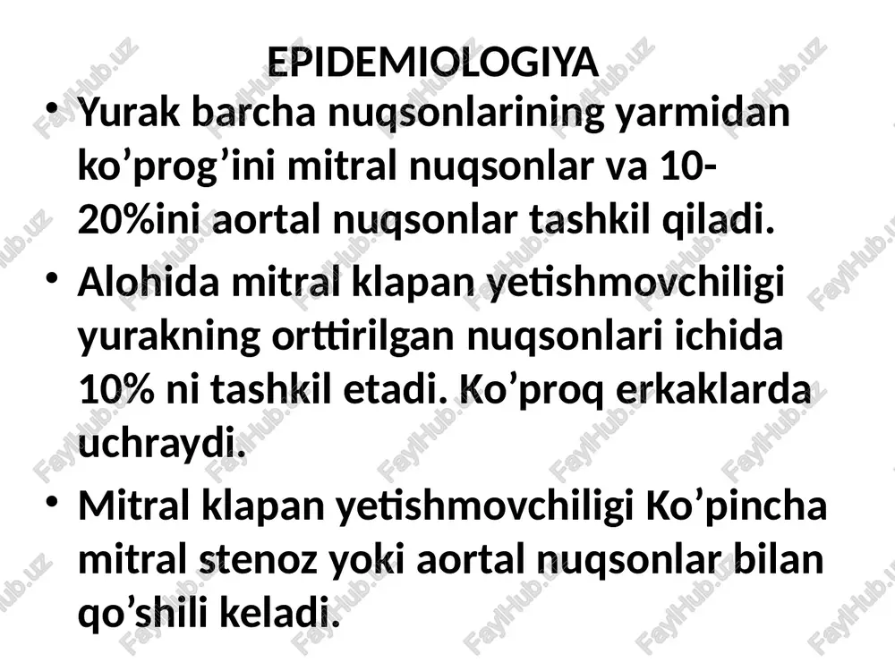 irillash aniqlanishi mumkin. tukkilatish – yurakning nisbiy bo`g`iqlik chegaralari yuqori va chapga siljigan, yurak beli silliqlashgan mitral klapan yetishmovchiligida cho’qqi turtkisi chapga siljigan, kuchaygan va tarqalgan mitral klapan yetishmovchiligida yurak mitral konfiguratsiyasi (mitral configuration) auskultasiya klapanlar to’liq yopilmasligi natijasida i ton cho`qqida susayadi yoki umuman yo’qoladi ii ton yaqqol o`pka gipertenziyasi bo`lmasa o`zgarmaydi, diastola vaqtida patologik iii ton eshitilishi mumkin (so’rg’ich mushaklar to’satdan tortilishi natijasida) yurak cho`qqisida sistolik shovqin bo`lib, u golosistolik, i va ii tonlarni qamrab oladi. mitral klapanninig oldingi tavaqasi zararlanganda chap qo`ltiq osti sohasigacha tarqaladi mitral klapanninig orqa tavaqasi zararlanganda to’sh suyagining chap qirrasi bo’ylab tarqaladi mitral klapan yetishmovchiligida sistolik shovqinning eshitilish va tarqalish nuqtasi diagnostika fkg ekg ko’krak qafasi rentgenografiyasi exokg ) i ton amplitudasi pasaygan, yo`qolib boruvchi tasmasimon sistolik shovqin, iii ton (strelka bilan ko`rsatilgan). mitral klapan yetishmovchiligida fonokardiogramma (yurak cho`qqisidan) mitral klapan yetishmovchiligida ekg belgilari chq gipertrofiyasi; chb gipertrofiyasi klapan strukturasi buzilishi (tavaqalar qalinlashishi, …