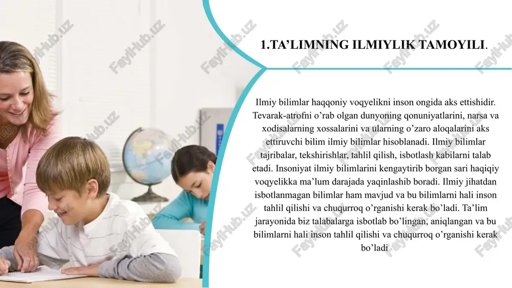 i, nazariyasi va uni qoidalarini, chegaralarini doimo eslatib ularni bajarilishini tekshirish. 6.doimo esda tutish lozimki, kunda eshitib, go’yoki yaxshi bilgan narsani tushuntirib, ilmiy asoslab berish qiyin bo’ladi. shuning uchun o’quvchilardagi avvalgi bilimlari va mantiq usullaridan doimo foydalanish. 7.boshlang’ich va umumta’lim bosqichlaridagi bilim mazmuni va uni berish usullari orasidagi vorislikni doimo saqlash zarur. 8 9 10 11 add text add text add text o’qitishning ilg’or usullaridan doimo foydalaning. o’qitishda tizimlilikni va muntazamlilikni saqlash uchun, avval o’tilgan bilimlarni doimo takrorlab turing. o’tilgan mavzularni takrorlash usulidan, faqat dars boshida va uni yakunlayotganda foydalanib qolmay, har bilimni tushuntirilayotganda ham undan foydalaning. o’tilgan mavzular bilan tez kirishib ketuvchi boshqa yangi fikrlarni bildirmang. 12 13 14 15 add text add text add text o’quvchilar til savodxonligini faqat boshlang’ich sinf o’qituvchisini kuzatib boribgina qolmay, balki barcha fan o’qituvchilari ham o’quvchilarning til savodxonligi va nutq madaniyatiga e’tibor berishi lozim. sabr va chidam bilan hamda uzluksiz ravishda o’quvchilarni mustaqil …