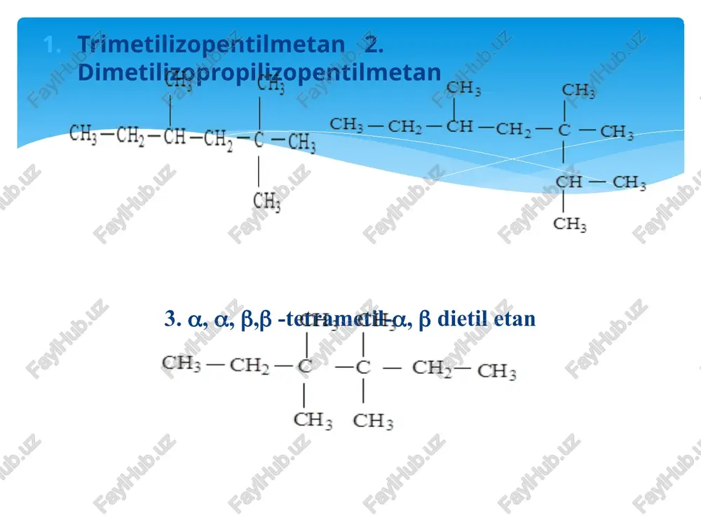 dlar bilan oson, faqat birlamchi uglerod atomlarigina bo’lgan uglevodorodlar bilan qiyinroq boradi. nitrolash. konsentrlangan nitrat kislota alkanlarga past haroratda ta’sir etmaydi. yuqori haroratda esa ularni oksidlab yuboradi. alkanlarni nitrolash suyultirilgan (13-40% li) nitrat kislota bilan yuqori haroratda (175-5500c) olib boriladi (konovalov m.i. reaksiyasi). oksidlash. alkanlarga oksidlovchilar – havo kislorodi, kaliy permanganat, kaliy bixromat, kaliy xromat, nitrat kislota va boshqalar oddiy sharoitda ta’sir etmaydilar. yuqori haroratda esa ular uglerod-(iv)-oksidgacha oksidlab yuboradi. uchlamchi alkillarning peroksidi quyidagicha parchalanishi mumkin: ikkilamchi alkillarning peroksidlarni past haroratda (a) spirtlar va ketonlarga, yuqori haroratda (b) esa aldegidlar va spirtlarga parchalanadilar: birlamchi alkillarning peroksidlari ham yuqoridagilarga o’xshash parchalanadi. bunda -holatdagi vodorod yoki radikal uziladi. uglevodorodlarning yuqori haroratda parchalanishi. to’yingan uglevodorodlar harorat ta’siriga chidamli. metan 20000c dan keyingina uglerod bilan vodorodga parchalana boshlaydi: agar uglevodoroddagi uglerodlar soni toq bo’lsa, pachalanish natijasida kichik molekulyar massali etilen uglevodorodi, katta molekulyar massali to’yingan uglevodorod hosil bo’ladi. uglevodorodlarning suv bug’i ta’sirida parchalanishi. bu …