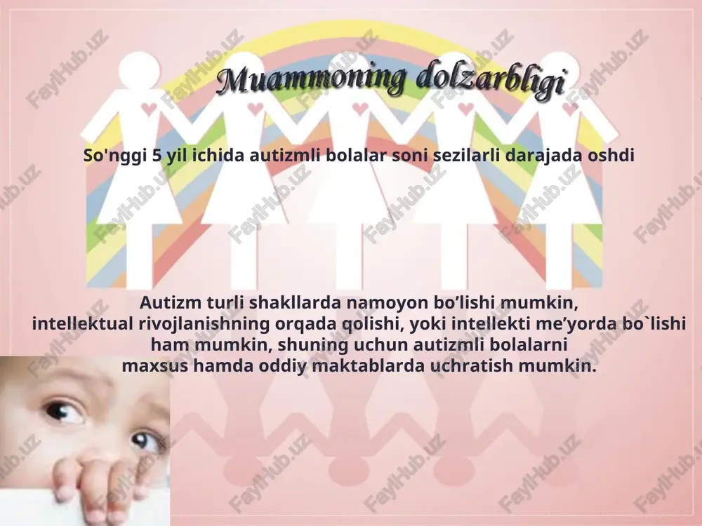 a chiqolmaydi. uni dastin xoffman ajoyib tarzda ijro etadi. ushbu filmdan keyin hatto "daholar yomg'ir odamlari" degan ibora paydo bo'ldi. 2 variant ularni xuddi shu nomdagi filmdan ancha oldin "yomg'ir odamlari" deb atashgan. ma'lum bo'lishicha, autizmli odamlarning aksariyati yomg'irga faqat momaqaldiroqsiz, va chaqmoqsiz qarashni yaxshi ko'radilar. masalan: hamma "oddiy" odamlar. agar siz yolg'iz qolishni xohlasangiz, yomg'irda ham befarq bo'lmaysiz. 1943 yilda amerikalik olim leo kanner bolalardagi autizmning birinchi ta'rifini berdi. natijada, bolalar va o'smirlarning shaxsiy-emotsional sohasidagi buzilishlar - erta bolalik autizm sindromi, rda sindromi, "kanner sindromi" deb ataladi. bolalik autizmining 4 guruhi mavjud 1. nima sodir bo'layotganidan to'liq ajralish. 2. atrof-muhitni rad etish. 3. autistik qiziqishlar bilan mashg'ullik. 4. atrof-muhit bilan o'zaro munosabatlardagi qiyinchiliklar. 1. autizm bilan og'rigan bolalarning ko'pchiligi homila rivojlanishi yoki tug'ish paytida yuzaga kelgan markaziy asab tizimining organik shikastlanishi belgilarini ko'rsatadi. 2. autizm irsiy anomaliya bo'lishi mumkin va gen darajasida yuqishi mumkin. 3. gormonal va immunitetning buzilishi, …