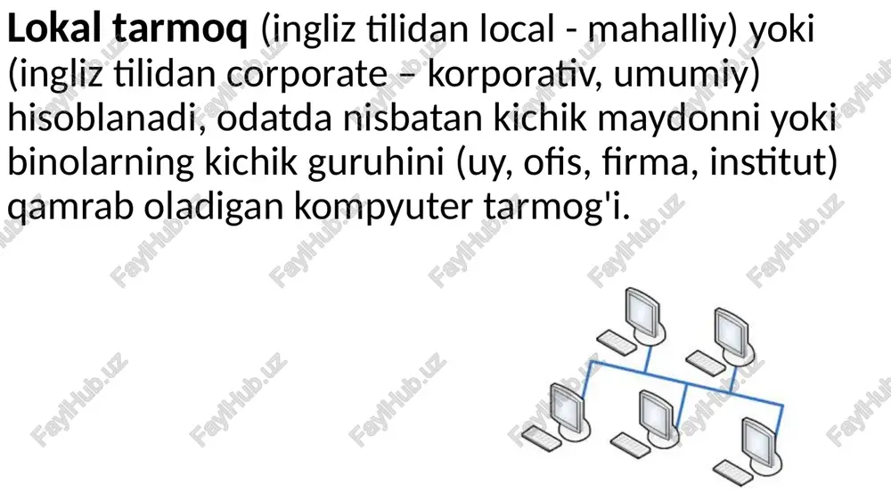 oning istalgan nuqtasidan boshqa istalgan nuqtaga ma'lumot uzatishga qodir yagona tarmoqmi. internet dunyodagi eng katta va eng mashhur tarmog'. internet - bir kompyuterdan ikkinchisiga ma'lumotlarni uzatish uchun mo'ljallangan butun dunyo bo'ylab o'zaro bog'liq kompyuter tarmoqlari to'plami. uzatish turi bo'yicha tasniflash: simli (koaksial, o'raglan (vitaya para), optik tolalar); simsiz (radio kanal, infraqizil kanallar, mikroto'lqinli kanallar). «cs cable innovator» tarix internet advanced research projects agency network (arpanet) birinchi global bo'ldi dan tarqatilgan boshqaruv va tcp / ip protokoli to'plamini amalga oshiradigan birinchi tarmoq. ikkala texnologiya ham internetning texnik asosiga aylandi. (1960) internet funktsiyalari fayllarni yuklash va yuklab olish elektron pochta xabarlarini yuborish va qabul qilish "chatlar" orqali internetga ulangan boshqa odamlar bilan muloqot qilish tezkor xabarlarni yuborish butun dunyo bo'ylab veb-saytlarga tashrif buyurish (www). ser timoti jon berners-xo'sh om (ing. ser timoti jon "tim" berners-li; tug’. 1955 yil 8-iyun, london) - yaratuvchiuri, url, http, html va world wide web (robert kayo bilan …