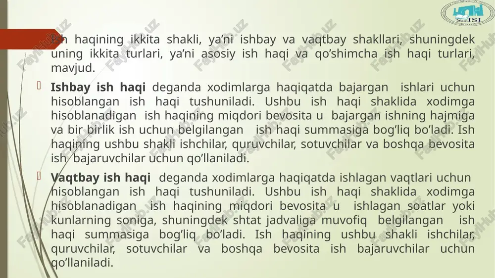ehnat ta’tili grafigi yoki xodimning arizasiga muvofiq mehnat ta’tilini olish huquqiga egadirlar. mehnat ta’tilini qaysi sanadan boshlab necha kunga berilishi korxona rahbarining buyrug’ida ko’rsatiladi. buyruq asosida mehnat ta’tili haqi quyidagi tartibda hisoblanadi. ishbay ishlovchilar uchun oldingi mehnat ta’tilidan keyingi mehnat ta’tiligacha olgan ish haqi summasi, shuningdek shu davrda olgan mukofatlarining summasi topilib, ushbu summa ishlagan oylar soniga bo’linadi. topilgan summa o’rtacha bir oylik to’lov summasini bildiradi. aytaylik, xodimning o’tgan yilda olgan ishbay ish haqi summasi 360000 so’mni, olgan mukofatlari 120000 so’mni tashkil qilgan, deylik. unda ushbu xodimga o’rtacha bir oylik to’lov 40000 so’mni ( ( 360000 +120000 ) /12 ) tashkil etadi. operasiyaning mazmuni debet kredit asos ish haqini hisoblanishi: -asosiy ishlab chiqarish xodimlariga -yordamchi ishlab chiqarish xodimlariga -umumxo’jalik ishlari xodimlariga -yordamchi xo’jaliklar xodimlariga -boshqaruv xodimlariga -sotishga doir xodimlarga -kapital qurilishga doir xodimlarga -asosiy vositalarni tugatish uchun -moddiy yordamlar, hisoblangan kompensasiyalarga -kasal kunlar uchun hisoblangan nafaqa summasiga -hisoblangan dividend summasiga …