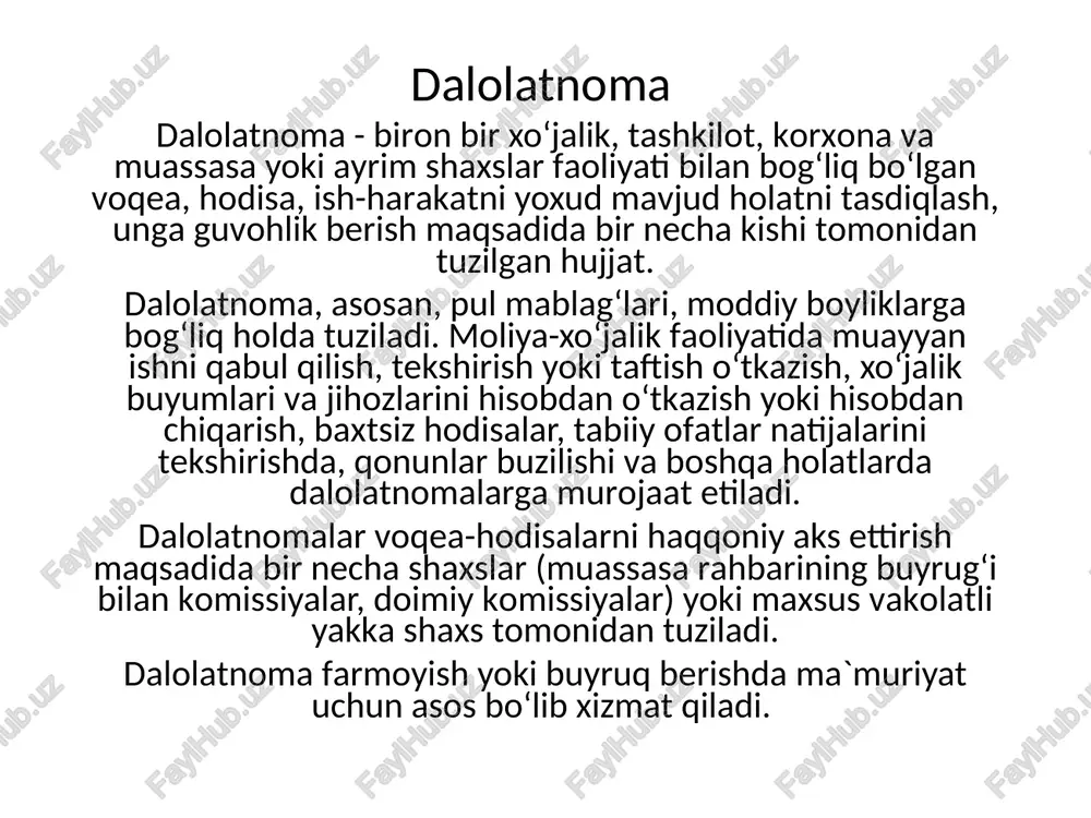 mehnat daftarchalari 3. 2019-2020-yillar uchun 81 hujjat (ro'yxat ilova gilinadi) 4, korxonaning daviat gerbi aks ettirilgan mur. dalolatnoma uch nusxada tuzildi: 1-nusxa - korxona bosh hisobchisiga 2-nusxa - korxonaning huijatlar yig'ma jildiga solib qo'yish uchun, 3-nusxa - ishni topshirgan xodimga ishni topshirdim (imzo) lrasulov ishni qabul qilib oldim (imzo) s.jkromov ishtirok etganlar: (imzo) r.bozorov (imzo) r.tojiyev