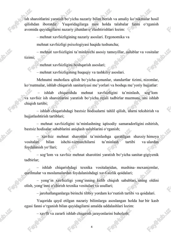 izlik qoidalari; – yong‘in xavfsizligi yong‘inning kelib chiqish sabablari, uning oldini olish, yong‘inni o‘chirish texnika vositalari va usullari; – jarohatlanganlarga birinchi tibbiy yordam ko‘rsatish tartibi va qoidalari. yuqorida qayd etilgan nazariy bilimlarga asoslangan holda har bir kasb egasi fanni o‘rganish bilan quyidagilarni amalda uddalashlari lozim: – xavfli va zararli ishlab chiqarish jarayonlarini baholash; – mehnat xavfsizligini ta’minlash bo‘yicha maqbul variantlarni tanlashda mustaqil qarorlar qabul qilish; – xavfsizlik texnikasi bo‘yicha uo‘riqnomalar («instruktaj») bilan tanishish va ularni hujjatlashtirish tartiblarini bilish; – malakali ravishda baxtsiz hodisalarni tekshirish va ularning sabablarini aniqlash; – mehnat muhofazasi bo‘yicha ko‘rsatmalar («instruksiya»)ni mustaqil tahlil qilish va o‘rganish; – ishlab chiqarish xonalari va ish joylarining sanitar-gigiyenik holatini belgilovchi ko‘rsatkichlarni (gazlanganlik va chang-langanlik darajasi, shovqin va titrash, yoritilganlik, xona havosining harorati, nisbiy namligi, harakatlanish tezligi, bosimi va b.) aniqlovchi asbob-uskunalar va jihozlardan foydalana bilish; – o‘t o‘chirgichlar va o‘t o‘chirish texnikalarini ishlata bilish; – jarohatlangan yoki shikastlanganlarga birinchi tibbiy yordam …