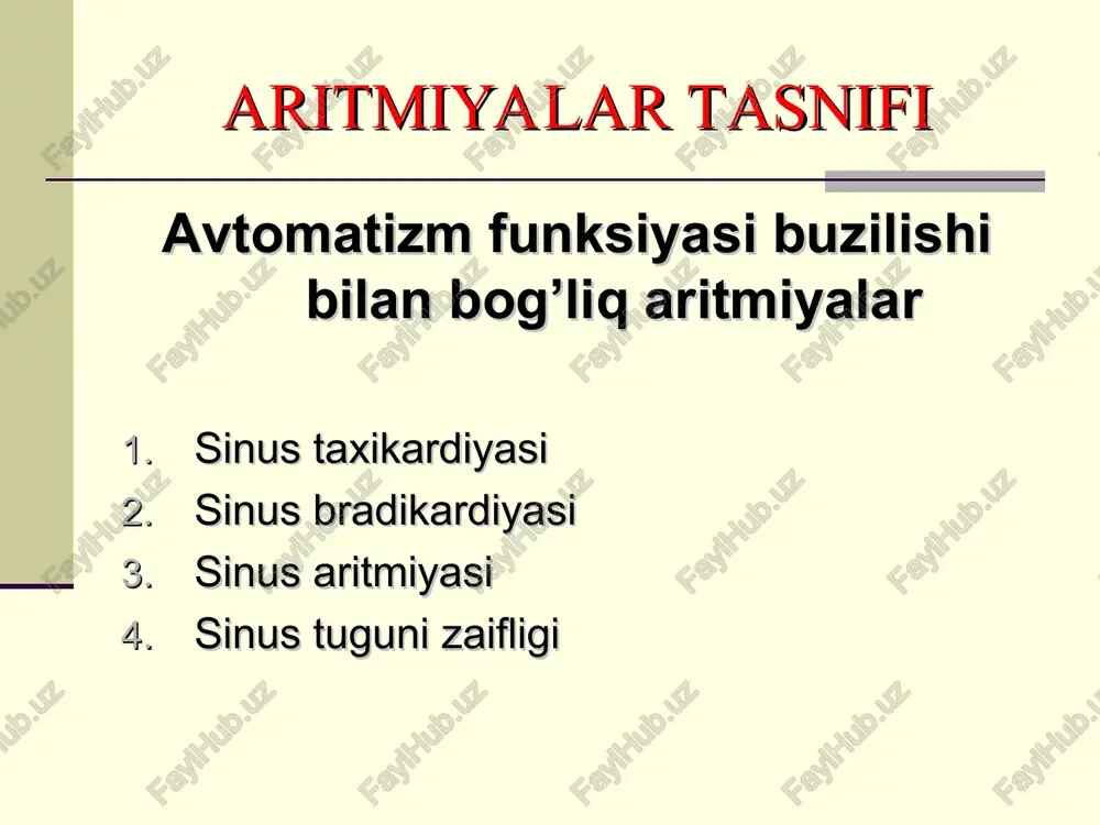 chasiga teskari (diskordant) yo‘nalgan bo‘lishi. qorinchalar paroksizmal taxikardiyasi xurujidan keyin to‘liq kompensator pauza bo‘lishi. bo‘lmachalar titrashi bo‘lmachalarning bir daqiqada 200-400 marotabagacha qisqarishiga aytiladi. bo‘lmachalar paroksizmal taxikardiyasidan farqli ravishda bo‘lmachalarda paydo bo‘lgan impulslarning ma`lum qismigina qorinchalarga o‘tkaziladi ekg belgilari. ekgda minutiga 200-400 gacha arrasimon ko’rinishga ega bo’lgan bir-biriga o’xshagan f to’lqinlarning (ii, iii, avf, v1, v2) paydo bo’lishi. qorinchalar kompleksi o’zgarmagan, xar bir qorincha kompleksiga f to’lqinlar 2:1, 3:1, 4:1 va xokazo nisbatlarda bo’lishi mumkin. bo’lmachalar titrashi bo’lmachalar xilpillashi bo’lmachalardagi aloxida mushak guruxlarining minutiga 350-700 marotabagacha qo’zg’alishi va qisqarishi. ekg belgilari. ekgda p tishcha bo’lmasligi. p tishcha o’rniga aritmik f to’lqinlarning aniqlanishi. r-r lar orasidagi masofa xar xilligi. qrs kompleks shaklining o’zgarmaganligi bolmachalar xilpillashi qorinchalar titrashi deb qorinchalardagi aylanma impulslar (re-entry) xisobiga ularning minutiga 200-300 marotabagacha ritmik qisqarishiga aytiladi. qorinchalar titrashida qo’zgalishlar to’lqini qorinchalar mushaklari bo’ylab ma`lum bir yo’ldan ritmik aylanib turadi. ventricle flutter (vf) - a frequent (up to 200-300 …