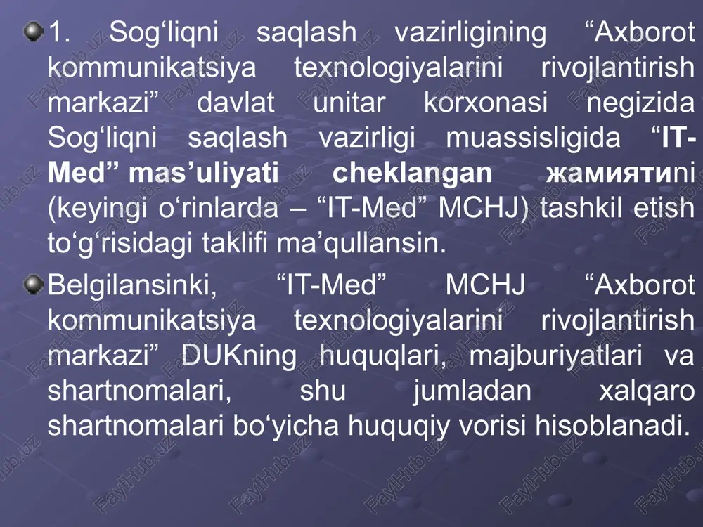nishi mumkin. axborot xususiyatlarini o‘rganish, uni yig‘ish, saqlash, qidirish, qayta ishlash o‘zgartirish hamda inson faoliyatining turli sohalarida foydalanish va tarqatish bilan shug‘ullanadigan fan informatika, deb ataladi. informatika fanining maqsadi - fan, texnika va ishlab chiqarishda, ya’ni inson faoliyatining barcha sohalarida axborotni kompyuter va telekommunikatsiyalar yordamida qayta ishlash, saqlash, uzatish bilan bog‘liq bo‘lgan nazariy va amaliy masalalarini o‘rganishdan iborat axborot paydo bo'lgan lahzadan to natija olinguncha bajariladigan o'zaro bog'liq amallarning tartiblangan ketma - ketligiga texnologiya jarayoni deyiladi. axborot texnologiyalari (at) informatikaning tarkibiy qismi hisoblanadi texnologiya so'zining ma'nosi texnologiya texnos – san'at, mahorat, hunar logos – fan, yo'nalish grekcha grekcha axborot texnologiyalari ma'lumotlarni yig'ish qayta ishlash uzatish vositalari va usullari majmuasi zamonaviy informatsion texnologiyalar bu axborot ustida bajarish mumkin bulgan zamonaviy texnologiyalardir. zamonaviy informatsion texnologiyalar: kompyuter texnologiyalari kompyuter tarmoklari internet multimedia. axborot tushunchasi informatika sohasining asosiy resursi bu – axborotdir. axborot - olamdagi butun borliq, undagi ro'y beradigan xodisalar va jarayonlar xaqidagi …