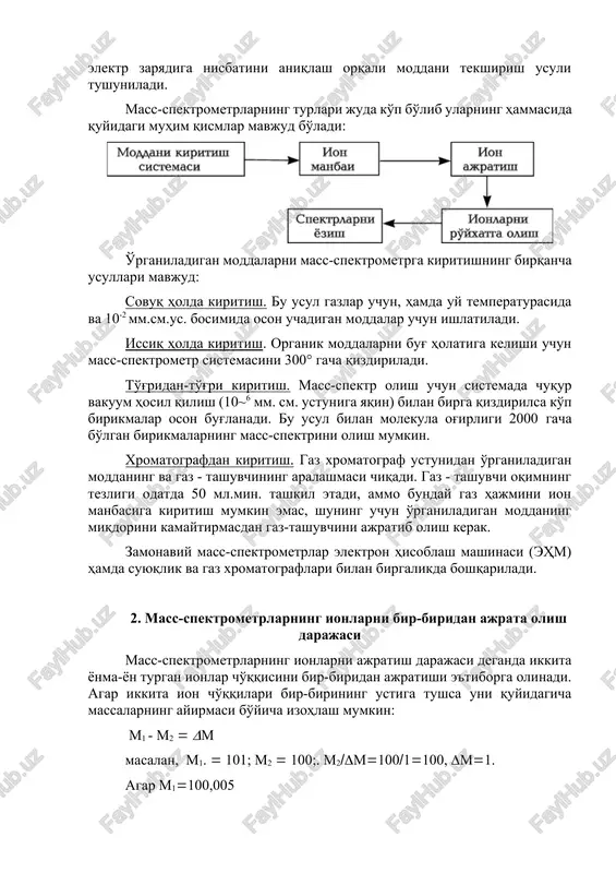 yoni kuchli elektr maydon ta'sir etib olib boriladi, buni maydon ionlanishi yoki maydon desorbtsiyasi deb aytiladi. hosil bo'lgan molekulyar ionlarning massalari bo'yicha peptidlarning molekulyar og'irligi aniqlanadi. olingan ma'lumotlar exm da ishlanib gidrolizatdagi peptidlar ketma-ketligi aniqlanadi. mass-spektrometr - elektr va magnit maydonlarining vakuumda uchayotgan ionlar dastasiga ko'rsatadigan ta'siriga asoslangan bo'lib, moddaning ionlashtirilgan zarralarini massalari bo'yicha ajratuvchi asbob hisoblanadi. macs-spektroskopiya uslubi deganda, ionlar massasining elektr zaryadiga nisbatini aniqlash orqali moddani tekshirish usuli tushuniladi. mass-spektrometrlarning turlari juda ko'p bo'lib ularning hammasida quyidagi muhim qismlar mavjud bo'ladi: o'rganiladigan moddalarni mass-spektrometrga kiritishning birqancha usullari mavjud: sovuq holda kiritish. bu usul gazlar uchun, hamda uy temperaturasida va 10-2 mm.sm.us. bosimida oson uchadigan moddalar uchun ishlatiladi. issiq holda kiritish. organik moddalarni bug' holatiga kelishi uchun mass-spektrometr sistemasini 300° gacha qizdiriladi. to'g'ridan-to'g'ri kiritish. mass-spektr olish uchun sistemada chuqur vakuum hosil qilish (10~6 mm. sm. ustuniga yaqin) bilan birga qizdirilsa ko'p birikmalar oson bug'lanadi. bu usul bilan molekula og'irligi …