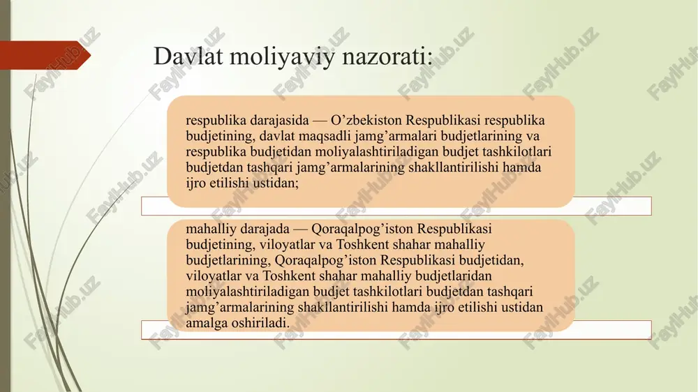 orqali davlat budjetining ijro etilishi hamda shu orqali davlat moliyasini maqsadli va samarali boshqarishni tashkil etish tushuniladi. davlat budjeti g’azna ijrosiga o’tishgacha bo’lgan davrda budjet ijrosi jarayoni quyidagi bosqichlarda amalga oshirilar edi: - budjet tushumlarini taqsimlash; - tegishli budjetlarda jamlangan mablag’larni budjetdan mablag’ oluvchilarning ularga xizmat ko’rsatuvchi banklarda ochilgan hisobraqamlariga o’tkazish. 11 2011 g’aznachilik tashkiliy tuzilmasi tarkibida esa “davlat xaridlarini amalga oshirish jarayoni monitoringi axborot-tahlil bo’limi” tarkib topdi. 2012 yuridik va jismoniy shaxslar tomonidan davlat budjetiga o’tkaziladigan soliqlar va majburiy to’lovlar banklar tomonidan qabul qilinadigan va belgilangan tartibda 23402-, 23403-, 23407-, 23409-, 20207-, 20205- va 23411-sonli balans hisobraqamlarda ochilgan shaxsiy hisobraqamlarga (shhr) kirim qilinadigan va ular hisobidan tegishli budjetlar va davlat maqsadli jamg’armalari hisobiga belgilangan miqdorlarda ajratmalar amalga oshiriladigan tartib joriy etildi. 12 me’yoriy huquqiy hujjatlar 2016 yil 13 apreldagi o’zbekiston respublikasining “buxgalteriya hisobi to’g’risida”gi qonuni 2014 yil 1 yanvardan amalga kiritilgan “budjet kodeksi” 1999 yil 3 sentyabrda qabul qilingan …