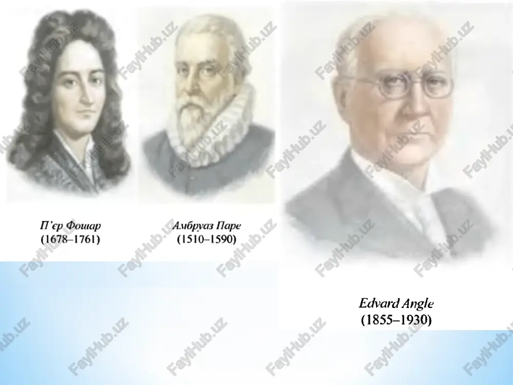 i, morfologik va estetik o'zgarishlarni o'rganish: kantorovicha (kantorowicz) - 1932 korkxauza (korkhaus) - 1939 andrezena (andresen) - 1936 kantorovich tasnifi (etiopatogenetik tasnif) e.engl tasnifi (morfologik tasnif) 1 sinf - faqat oldingi guruhdagi tishlarning morfologik o'zgarishi bilan kechadigan anomaliyalar. 2 sinf – pastki jag' birinchi katta oziq tishining qarama-qarshi turgan shu nomli tishga nisbatan distal tomonga siljishi. 3 sinf - pastki jag' birinchi katta oziq tishining qarama-qarshi turgan shu nomli tishga nisbatan medial tomonga siljishi. a.ya.katts tasnifi 1. sagittal anomaliyalar distal prikus mezial prikus 2. vertikal anomaliyalar chuqur prikus ochiq prikus 3. transverzal anomaliyalar bir tomonlama qiyshiq prikus ikki tomonlama qiyshiq prikus a.i.betelman tasnifi simon tasnifi tish-jag' tizimini rivojlanish jarayonining 3 ta sathga nisbatan o'zgarishiga asoslanadi: sagittal frankfurt (gorizontal) frontal (vertikal). simon tasnifi (morfologik tasnif) tishlarning joylashish anomaliyalari: vestibulyar oral mezial distal o'z o'qi atrofida aylangan. 2. tish qatorlari va jag'larning tuzilish anomaliyalari: - kontraktsiya; - distraktsiya; - protraktsiya; - retraktsiya; …