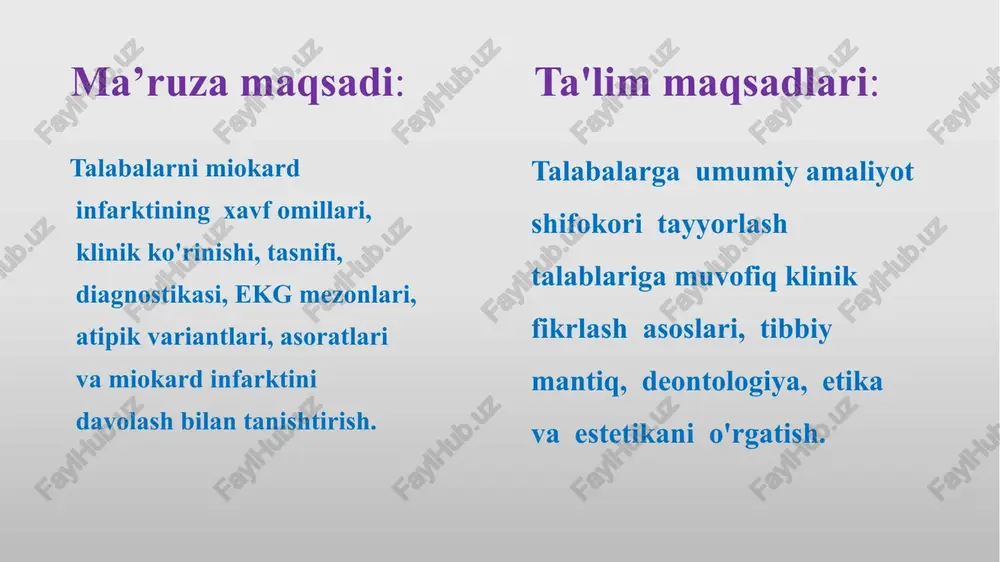 tkir yurak etishmov-chiligi, yurakning yorilishi, oshqozon-ichak traktining o'tkir zararlanishi, epistenokardial perikardit, yurakning o'tkir anevrizmasi, papiller mushaklarning shikastlanishi, tromboembolik asoratlar, ritm va o'tkazuvchanlikning buzilishi. kechki asoratlari infarktdan keyingi sindromi (dressler sindromi) surunkali yurak anevrizmasi surunkali yurak etishmovchiligi ritm va o'tkazuvchanlikning buzilishi. o'tkir koronar sindrom(o’ks) - yuik ning klinik simptomlari va alomatlari guruhi bo'lib, o'tkir miokard infarkti yoki ns ga shubha qilinadi. bu bitta patofiziologik jarayonga asoslangan - tromboz, yorilish sohasida hosil bo'ladigan aterosklerotik plakcha yoki endoteliyning shikastlanishi (eroziyasi). o’ks - bu mi yoki ns tashxisini tasdiqlash yoki rad etishning iloji bo'lmaganda kasallikning kuchayishi boshlangandan keyingi dastlabki soatlarda bemorlarni boshqarish uchun maqbul taktikani tanlashga yordam beradigan dastlabki tashxis. 1. o'tkir koronar sindrom, rs-t segmentining doimiy ko'tarilishi yoki giss tutami chap oyoqchasining "yangi", yoki birinchi marta paydo bo'lgan blokadasi. 2. rs-t segmentining doimiy ko'tarilishisiz o'tkir koronar sindrom. rs-t ko'tarilishi bilan kechadigan o’ks mexanizmi: a - koronar arteriyani tromb bilan to'liq to'sib qo'yish; rs-t …