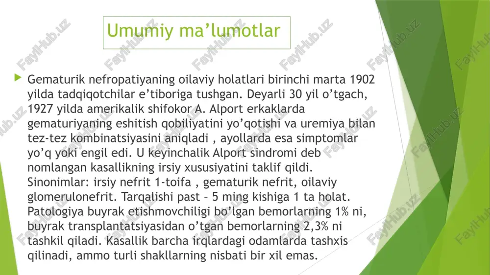 qadar. vestibulyar apparatlarning patologiyalari yo’q. diagnostika diagnostika jarayonida nefrologlar , urologlar, terapevtlar va genetiklar ishtirok etadilar. so’rovda simptomlarning paydo bo’lish yoshi, gematuriya, proteinuriya mavjudligi yoki birinchi darajali qarindoshlarda surunkali buyrak etishmovchiligi tufayli o’lim holatlari aniqlanadi. alport sindromi erta boshlanishi va kuchli oila tarixi bilan tavsiflanadi. differentsial diagnostika glomerulonefritning gematurik shakli va ikkilamchi nefropatiyalarni istisno qilishga qaratilgan . tashxisni tasdiqlash uchun quyidagi muolajalar amalga oshiriladi: jismoniy tekshiruv. teri va shilliq pardalarning rangsizligi, mushak tonusining pasayishi, disembriogenezning tashqi va somatik belgilari aniqlanadi – yuqori tanglay, oyoq-qo’llarning struktura anomaliyalari, ko’zlar va nipellar orasidagi masofa. kasallikning dastlabki bosqichlarida tashxis qilinadi arterial gipotenziya , keyingi bosqichlarda – arterial gipertenziya. umumiy siydik tahlili. qizil qon hujayralari va ortib borayotgan protein miqdori aniqlanadi – gematuriya va proteinuriya belgilari. siydikdagi protein ko’rsatkichi sindromning og’irligi bilan bevosita bog’liq bo’lib, uning o’zgarishi patologiyaning rivojlanishini, nefrotik sindromning va surunkali buyrak etishmovchiligini baholaydi. abakterial leykotsituriya belgilari bo’lishi mumkin. buyrak biopsiyasi tekshiruvi . …