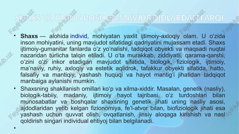 lardan iborat chora-tadbirlar ishlab chiqiladi, shu orqali inson xulq-atvori ushbu jamiyatda qabul qilingan me’yoriy qadriyatlarga moslashtiriladi. insoniyatning yaralish tarixi va rivojlanish bosqichlari hamda dinlar aro bog`liqligi odam yoki inson, shuningdek homo sapiens ham deyiladi (lot. ongli odam), sut emizuvchilar sinfining hominidae oilasiga mansub primat turidir. odamlar abstrakt fikrlash, nutq, introspeksiya qobiliyatli yuksak rivojlangan miyaga egadirlar. bunday miya bilan odamlar mehnat qurollari ishlatishni oʻrganib, boshqa tur hayvonlardan ilgʻorlashib ketdilar. odam ijtimoiy mehnat asosida shakllangan tafakkur va nutqqa ega boʻlishi, mehnat qurollari yasashi va atrof muhitga faol taʼsir koʻrsata olishi bilan boshqa tirik mavjudotlardan farq qiladi. odamni antropologiya fani oʻrganadi. odamning kelib chiqishi haqidagi qarashlar. odamning yaratilishi haqidagi diniy nazariya. odamning kelib chiqishi va tarixiy rivojlanishi toʻgʻrisida turli fikrlar va nazariyalar mavjud. odam bilan bogʻliq qadimgi rivoyatlar va qadimgi diniy kitoblarga koʻra, odam ato va momo havo yer yuzidagi dastlabki odamlar boʻlgan. zardushtiylik dinida odam tabiatning bir boʻlagi, unda vujudga kelgan va …