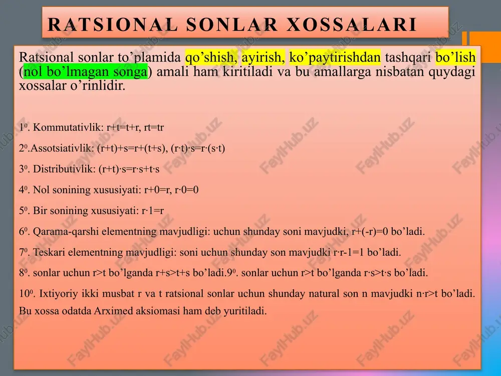 dagi b nuqtaning koordinatasi -3 ga teng, u sanoq boshi- dan 3 birlik chapda joylashgan. ob kesmaning uzunligi, ya’ni sanoq boshi o nugqtadan -3 soniga mos keluvchi b nugtagacha bo‘lgan masofa ham 3 ga teng: ob= 3. demak, ta’rifga ko‘ra -3 sonining moduli 3 ga teng. b(-3 a(4) sonning moduli sonning absolut giymati ham deyiladi. a sonning moduli |a| kabi belgilanadi. shunday qilib: |4] = 4; |-3]=3. musbat sonning moduli shu sonning o‘ziga teng. masalan: |5]=5; |7|=73 [100] =100; }o1|=0,1; [=3. | manfiy sonning moduli unga qarama-qarshi musbat songa teng. | masalan, |-8| = —(—8) = 8; |-15|=—{-15) = 15 yoki qisqacha: [10] = 10; |-0,01] = 0,01. masalan, |-6|=|+6|=6; |j-1j=}1 haqiqty son modulining xossalari pond a awn ~ ss a aagsagacisa a8} a 20 a| = lal =|bla a=+b *b| = lal * [di = 540 |b] b= ge + b| 0@-c c >oc>oel a 0 bo’lsa, tenglama ikkita …