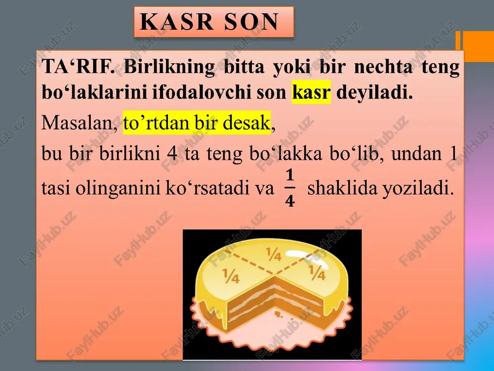 undan 1 tasi olinganini ko‘rsatadi va ri shaklida yoziladi. 1 4 chiziq ustida turgan son kasrning surati, chiziq ostidagi son kasrning maxraji deb ataladi. surat bilan maxraj kasrning hadlari deyiladi. chiziq esa kasr chizig‘i deyiladi. a kasrda 1 — kasrning surati, 4 — kasrning maxraji ta‘rif. surati maxrajidan kichik bo‘lgan kasr to‘g‘ri kasr, surati maxrajidan katta yoki teng bo‘lgan kasr noto‘g‘ri kasr deyiladi. masalan, 1 t 6g ik e z 7 to’g*ri kasr; 4 t ge ik e 5 ~ to’g*ri kasr; 8 a 5” hoto g‘ri kasr 13 . 3 noto‘g‘ri kasr ta‘rif. butun va kasrdan iborat son - aralash son deyiladi. 1 1 masalan, 3 ? 1 2? 1-qoida. noto‘g‘ri kasrni aralash songa aylantirish uchun kasrning suratini uning maxrajiga bo‘lish va qoldiqni topish kerak, bo‘linma butun birliklar sonini, qoldiq esa birlik bo‘laklarining sonini bildiradi. 13 15 aa 2-qoida. aralash sonni noto‘g‘ri kasrga aylantirish uchun kasr maxrajini undagi butun …