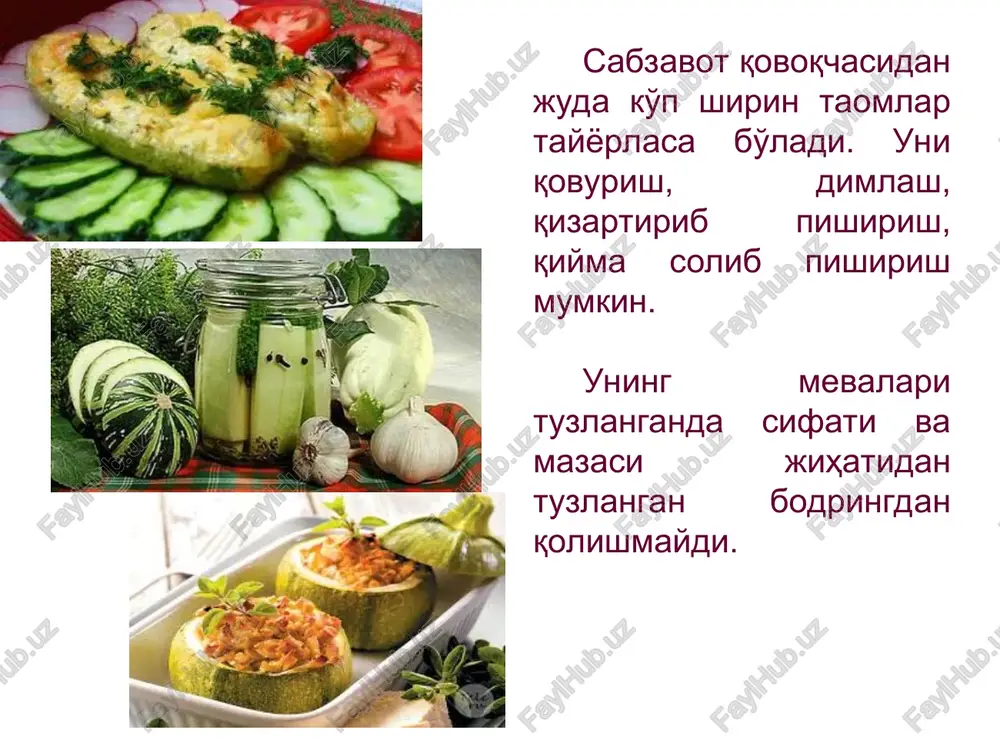 atiladi. quyoshli kunlarda inshoot ichidagi harorat tashqi haroratdan ancha yuqori bo'ladi. kechasidagi soatlarda u keskin pasayib tashqi haroratga yaqinlashadi. haroratni o'zgarish amplitudasi juda yuqori. shamollatish imkoniyati bo'lmasa, plyonkali issiqxonalarda havoning nisbiy namligi juda oshib ketadi. bu issiqxonalarda mikroiqlimni boshqarish, isitiladiganlarga nisbatan ancha qiyin. ammo o'zbekiston sharoitida quyosh radiatsiyasini yuqori bo'lishi yuqori hosil olishga imkon beradi. plyonkali issiqxonalar foydalanilgan ekinlarni ekish yoki o'tqazishga 10-15 kun qolganda to'liq tayyor bo'lishi kerak, chunki tuproq va havo yaxshi isishi lozim. qovoqchani ikkinchi ekin sifatida ko'chat va ko'kat ekinlardan keyin etishtirish ma'qul. e'tiboringiz uchun rahmat! \\