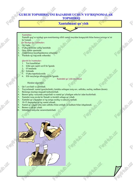 ydi shishlarni kamaytiradi skleroz va ishemik kasalliklarga qarshi ) ( qo’llashga ko’rsatmalar : te ri kasalliklari (eczema, ugri , furunkulyoz , neyrodermit , psariaz , chandiqlar ) t ravmatologiyada (lat yeyish , sinish , shish, gematoma , travma ) oxkk ( jktjigar , buyrak , kolit , pankreatit , gastrit , jigar sirrozi , o’t -tosh va buyrak -tosh ) moddalar almashinuvi buzilishida ( semirish , podagra , qandli diabet , qalqonsimon bez kasalliklari ) nafas olish tizimi kasalliklari ( pnevmoniya , bronxisal astma , surunkali o’pka-yurak sindromi ) ginekologiya ( mastit , kolpit , endometrioz , mioma , hayzsiklining buzilishi , klimaktetik buzilishlarda ) urologiya va andrologiya ( prosta adenomasi , bepushtlik ) kosmetologiya (shish, selyulilit , terini yoshartirish ) onkologiya kasalliklari mo’nelik holatlari : gemofiliya tug’ma qon ivishi buzilishi kasalliklari anemiyaning og’ir turida gemorragik diatez gipertoniya individual qabul qilmaslik ) ( zuluklarni qo’llashga ko’rsatmalar ) ( uyga vazifa …