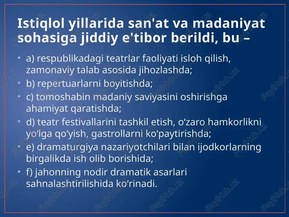 rimiz davr harakteri oʻz ifodasini topolganiga maqtovga loyiqdir. har bir yaratilayotgan dramatik asar hayotni koʻzguda aks ettirganday boʻladi. hozirgi globallashuv jarayonini real tasvirlashda dramatik asarlarning oʻrni beqiyos. ijtimoiy-siyosiy hayotdagi oʻzgarishlar yangilanishlar mazkur sohada tezda koʻzga tashlanadi. 1-mashgʻulot. ma’ruza matni va koʻrsatilgan, shuningdek, mavzuga aloqador qoʻshimcha adabiyotlardan foydalanib rejalar boʻyicha kospekt qiling: a) hozirgi dramaturgiyadagi yangiliklar borasida fikr yuriting; b) teatrlar faoliyatini yaxshilash borasida amalga oshirilgan ishlar; s) oʻzbek dramaturgiyasi rivojiga hissa qo’shgan ijodkorlar faoliyatiga to’xtaling. 2-mashgʻulot. o’.umarbekov, sh.boshbekov, m.boboev, a.ibrohimov, u.azim, e.xushvaqtov, q.norqobil asarlari bibliografiyasini tuzing (dramalar doirasida). 3-mashgʻulot. adabiyotshunoslikka oid bosma va elektron lugʻatlardan foydalanib, drama va uning janrlari haqida ma’lumot toʻplang. 9-ma’ruza mavzusi uchun mashgʻulot 1-topshiriq. erkin a’zamning “suv yoqalab” yoki “parizod” kinoqissalarini oʻqing. spektakl yoki kino variantini tomosha qiling. 2-topshiriq. qissa syujetini tahlil qiling. 3-topshiriq. qissadagi obrazlar tizimini tahlil qiling. 4-topshiriq. asar gʻoyasi va ramziylik belgilarini tahlil qiling. 5-topshiriq. oʻzbekistondagi teatrlar (kamida 2 ta) repertuari haqida ma’lomot …