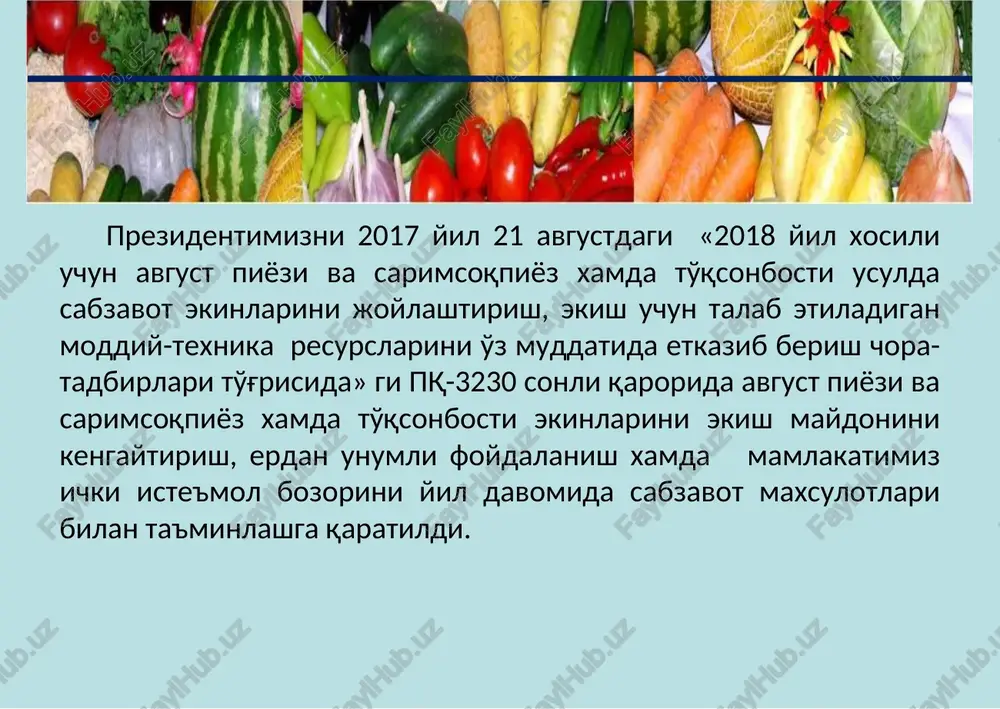 i, yashil rangli, degustatsion bahosi 4,8 ball. hosildorligi 2.1-3,2 kg/m2 . kasalliklar va zararkunandalarga chidamli. rukolla gratsiya ertapishar nav, o'suv davri 45-50 kun. bargi archasimon, silliq, suvli, qirralari yirik hosildorligi 2,0-2,2 kg/m2 . to'qsonbosti muddatda kartoshka etishtirish xususiyatlari. ishlab chiqarishda olingan natijalar va xulosalarga ko'ra namangan muhandislik-texnologiya instituti qishloq xo'jaligi mahsulotlari texnologiyasi kafedrasi dotsenti, q.x.f.n. a.t. merganov namangan viloyati namangan tumani ma'ruf xo'ja nomli fermer xo'jaligida, andijon viloyati, shahrixon tumani “ishkomli hamkor” fermer xo'jaligida 2015 yilda etishtirilgan ertagi urug'liklarini noyabr-dekabr oyida ekib, gektaridan 25 tonnadan hosil olgan. kartoshkani to'xsonbosti muddatda urug'lik tuganaklari 15-20 sm chukurlika ekilishi tavsiya etiladi. erta baxorda fevral oyini birinchi yarmida tuproq qalinligi 10 sm ga kamaytiriladi. * sabzi o'tmishdosh ekinlar: sabzini karam, ertachi kartoshka, bodring va boshqa, o'zidan keyin erni unumdorligini saqlab va erni begona o'tlardan xalos etadigan ekinlardan keyin ekish lozim. ekish muddatlari: sabzi uch muddatda : bahorda 20-25 fevralda; yozda 25 iyul-5 avgustda; kuzda …