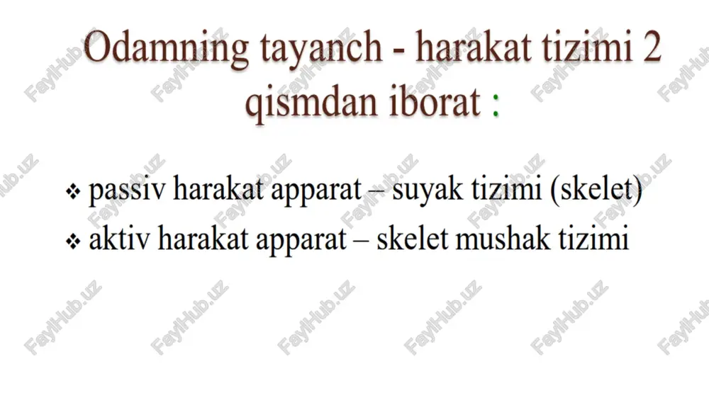 shgacha borsa, erkaklarda 20- 24 yoshga borib nihoyasiga yetadi. skelet umurtqa pog’onasi va ko’krak qafasidan iborat bo’lgan tana skeleti, qo’l-oyoqlar skeleti va bosh quti skeletidan iborat suyaklarning kimyoviy tarkibi cyb, 6-20 % mineral tuzlar 60-70% organik komponentiar, yoshga bog'liq ravishda suyaklarninig 1¢€ kasbunhmpobahha kocth tarkibi o'zgaradi &-—_—_> hopmaibnanh kroctl muskullar que era skelet muskullari yurak muskullari : tolalari duksimon, kalta sekin va kuchsiz gisqaradi ixtiyorga bog'liq emas muskullarning shakllari . yarim patsimon uchburchaksimon patsimon parellel multipatsimon duksimon ‘pay -muskul ko'krakning barmoglararo m. pay \ katta m. sonning to'g'ri m. js i qorining to'g'ri m. eee pettasinon™. ko'zning aylanisimon m. yelkani 2 boshli m. muskullarning joylashishiga ko ra klassifikatsiyasi joylashishiga ko'ra | fras foon = bosh muskullari figure 11.3 tasensof face epresuon bedi uch deanna 1) peshona m. 2) ko‘zning aylanasimon m. 3) og ‘izning aylanasimon m. 4) qoshlarni bir-biriga yaqinlashtiruvchi m. fronts chakka m. chaynov m. bo yin muskullari to …