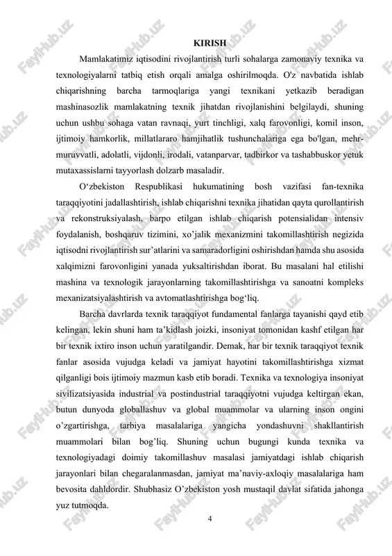 ravnaqi, inson bilimlari va ularni amaliyotda mahorat bilan qo’llay olish ko’nikmalarida deb hisoblaydi. bu jarayonlarning barchasi jamiyat ravnaqida sifat o’zgarishlarini yuzaga keltirish haqida amerika sotsiologlari postindustrial jamiyat nazariyasida ifodalab berganlar. bunda o.tofflerning uch to’lqinli nazariyasida insoniyat uch texnologik to’lqinni boshdan kechirganligini qayd etib: birinchi to’lqinda asosiy boylik yer bo’lsa, ikkinchisida ishlab chiqarish vositalari va uchinchisida esa avtomatika va kompyuter texnikasi joriy qilinishi bilan belgilanadi. mashinalar va ularning ish sharoitlari turli xil bo‘lishiga qaramasdan, puxtalik ko‘rsatkichlari umumiy qonunlar bo‘yicha shakllanadi va bu puxtalikni baholash va hisoblash uchun, shuningdek mashinalarni ishlab chiqarish, sinash va ishlatish uchun asos bo‘lib hisoblanadi. puxtalik bu vaqt bo‘yicha yuzaga chiqadigan va mashinani ishlatish davomida unda sodir bo‘ladigan o‘zgarishlarni o‘zida aks ettiradigan mahsulot sifatining asosiy ko‘rsatkichlaridan biridir. mahsulotning asosiy ishchi organlarini mustahkamligi, deformatsiyalari, issiqlik maydonlari va boshqa tavsifnomalarini baholash uchun uning puxtaligi loyihalash bosqichida hisoblanishi kerak . bu masalalarni yechish va puxtalikni hisoblashning muhandislik usullarini yaratish ushbu muammoning …