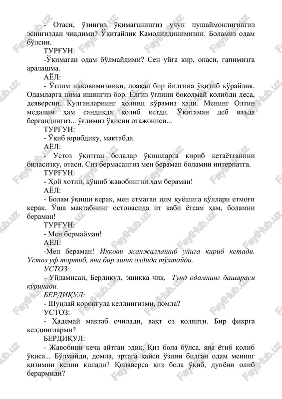 domla. ilmi ko'p boy bo'larkanmi? (ustozning egniga boshdan oyoq tikiladi). ha, aytgancha, siz aytgan maktabga qancha pul to'laymiz? ustoz: tekin, g'aniboy, hammasini davlat to'laydi. g'aniboy: -davlat shunaqa vallomat bo'lib ketibdimi? mushuk tekinga oftobga chiqmaydi. talablaringizni keyin aytsangiz kerak... ustoz: -sizdan bir chaqa ham olmaymiz. yotoqxonasi, eyish ichishi,o'qishi hammasi davlat hisobidan. g'anibek: (barmoqlarini bukib, hisob kitob qiladi, o'ylanadi): -yo'q domla, bo'lmaydi, undan ko'ra bozorga chiqqani tuzuk ekan... burilib uyiga kirib ketadi. ustoz bir xarob eshik oldida ikkilanib turib qoladi. ustoz: bu bechora bir kambag'al, beva bo'lsa, qorong'uda so'rab tursam bo'lmas... ertaga kelarman... 39 eshikka bordim, endi qirqinchisi ochilarmidi? ketaqolay, ertaga yorug'da kelarman... itlarning hurishini eshitib, uydan bir xotin ikki o'g'li bilan chiqadi. gulsanam beva: -eee, domla, yarim tunda tinchlikmi? hamma sog'u salomatmi? ustoz: -tinchlik, gulsanam qizim, tinchlik. eshitgandirsan, yangi maktab ochganimni? gulsanam beva: -eshitdim, domla, shu-u-u etimxona ochibsiz.. meni beva, bechora, bolalarining otasi yo'q deb keldingizmi? domla, birovlarning kirini yuvsam ham, …