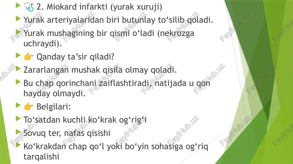 ezlashishi (taxikardiya) va ba'zi holatlarda yurak ishemiyasining belgilari ko'rinishi mumkin. ekgda ko'rinadigan o'zgarishlar: qon aylanishining pasayishi va gipoksiya (kislorod yetishmovchiligi) holatlari. yurakning chap qorinchasining og'ir ishlashiga o'zgarishlar. yurakning umumiy faoliyatidagi buzilishlar va ishemik o'zgarishlar. ekokardiyografiya yordamida qon oqimini o‘lchash (doppler ultrasonografiya) doppler ekokardiyografiyasi yordamida chap qorincha orqali qon oqimini va o'pka arteriyasidagi bosimni o‘lchash mumkin. pulmonar gipertenziya (o'pka arteriyasining yuqori bosimi) bo‘lishi mumkinligini aniqlashda yordam beradi. qon tomirlaridagi o‘zgarishlarni aniqlash uchun doppler ultrasonografiyasi foydalidir, chunki u qon oqimining tezligini o‘lchashga imkon beradi. st-segmenti o'zgarishlari st-segmentining ko'tarilishi yoki pasayishi: chap qorinchaning ishlashining pasayishi va gipoksiya (kislorod yetishmovchiligi) rivojlanishi natijasida ekgda st-segmentining ko'tarilishi yoki pasayishi ko'rinishi mumkin. ko'tarilish — ishemik shikastlanishlar yoki chap qorincha yetishmovchiligidan kelib chiqadigan gipoksiya natijasida bo'lishi mumkin. st-segmentining ko'tarilishi ko'pincha miokard infarkti yoki yurakning ishemik kasalliklari bilan bog'liq. pasayish — bu holat miokardiyal gipoksiya, elektrolitlar balansining buzilishi yoki yurakning umumiy zaiflashishi bilan bog'liq bo'lishi mumkin. qrs kompleksining kengayishi …