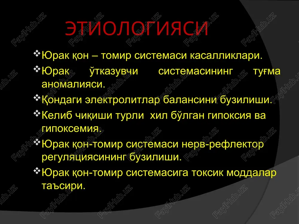 i qisqargan, r tishi t tishiga qo'shilib ketadi, r tishcha ekgda aniqlanmaydi. * atrioventrikulyar paroksizmal taxikardiyasi ekg belgilari * qorincha paroksizmal taxikardiyasi ekg belgilari yurak qisqarishlari soni 160 – 300 tagacha bo'lishi mumkin, yurak to'xtashi xavfi ( fibrilyatsiya) ortadi. ekg belgilari to'g'ri sinusli ritm saqqlanadi qrs kompleksi kengayadi (0.12), deformatsiyalanadi atrioventrikulyar dissotsatsiya mavjudligi qorincha paroksizmal taxikardiyasi ekg belgilari qaltiroq aritmiya bo'lmachalarning sinxron qisqarishi yo'qoladi. bunda xar bir muskullar o'z xolicha qisqarishga xarakat qilib xilpillaydi. diastolik chiziq davomida xilpillash to'lqinlari qayd qilinib yurak muskullari qo'zg'aluvchanligi va o'tkazuvchanligi buziladi. yurakning minutiga 350 – 700 tagacha xaotik qo'zg'alish va qisqarishlar xosil qiladi yurak qisqarishlari soniga ko'ra 3 xil bo'ladi normosistolik bradisistolik taxisistolik paroksizmal bo'lmachalar qaltiroq aritmiyasi qorinchalar titrashi va qaltirashi qorinchalarning tez va ritmik qisqarishi bo'lib qorinchadagi impulsni aylanma xarakati yuzaga keladigan aritmiyadir. qorinchalar titrashi qorinchalar qaltirashiga o'tib ketishi mumkin, bunda yuqs 500 tagacha etadi. qorinchalar mertsaniyasi ko'pincha klinik o'lim xolatida kuzatiladi va …