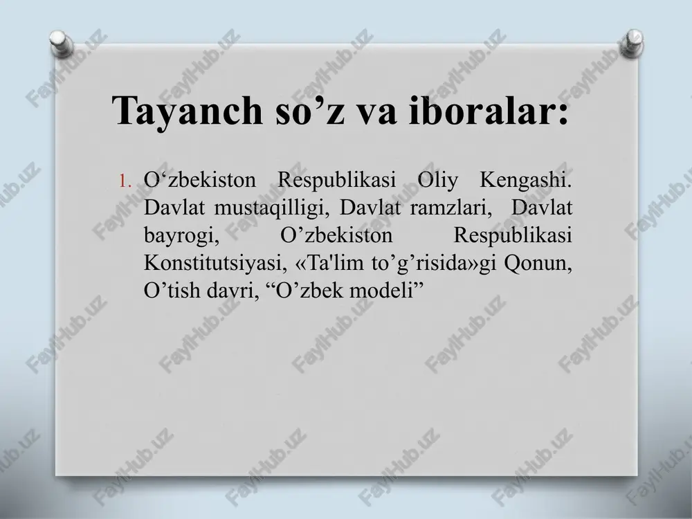 l muddatga saylanadi. prezidentni saylash tartibi o'zbekiston respublikasining qonuni bilan belgilanadi (90-modda). prezident o'z vazifasini bajarib turgan davrda boshqa haq to'lanadigan lavozimni egallashi, vakillik organining deputati bo'lishi, tadbirkorlik faoliyati bilan shug'ullanishi mumkin emas (91-modda). prezidentning shaxsi daxlsizdir va qonun bilan muhofaza etiladi. prezident o'zbekiston respublikasi oliy majlisi yig'ilishida quyidagi qasamyodni qabul qilgan paytdan boshlab o'z lavozimiga kirishgan hisoblanadi (92-modda). o'zbekiston respublikasi prezidentining vakolat va burchlari prezident fuqarolarning huquqlari va erkinliklariga, o'zbekiston respublikasining konstitutsiyasi va qonunlariga rioya etilishining kafilidir; o'zbekiston respublikasining suvereniteti, xavfsizligi va hududiy yaxlitligini muhofaza etish, milliy-davlat tuzilishi masalalariga doir qarorlarni amalga oshirish yuzasidan zarur chora-tadbirlar ko'radi; mamlakat ichkarisida va xalqaro munosabatlarda o'zbekiston respublikasi nomidan ish ko'radi; muzokaralar olib boradi hamda o'zbekiston respublikasining shartnoma va bitimlarini imzolaydi, respublika tomonidan tuzilgan shartnomalarga, bitimlarga va uning qabul qilingan majburiyatlariga rioya etilishini ta'minlaydi; o'z huzurida akkreditatsiyadan o'tgan diplomatik hamda boshqa vakillarning ishonch va chaqiruv yorliqlarini qabul qiladi; o'zbekiston respublikasnning chet davlatlardagi diplomatik …