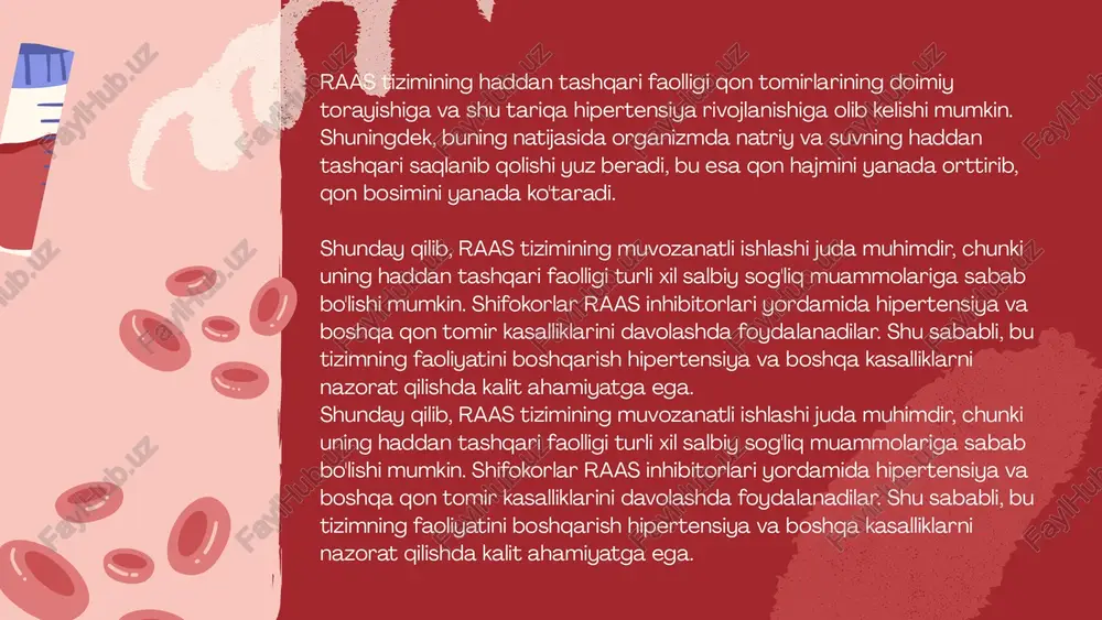 ni oshiradi, bu esa o'z navbatida qon bosimini ko'tarilishiga sabab bo'ladi. ushbu holat hipertensiya kabi muammolarni yuzaga keltirishi va yurak-qon tomir tizimi ustidan ortiqcha yuklamani yaratishi mumkin. natriy va suvning saqlanib qolishi renin-angiotensin-aldosteron tizimi (raas) genlari bu tizim qon bosimini tartibga solishda muhim rol o'ynaydi. bu genlar buyraklar tomonidan natriy so'rilishini boshqaradi. endoteliy qon tomirlarining ichki qavatini hosil qiladi hipertensiya ko'pincha turli omillar ta'sirida rivojlanadi, bular orasida genetik faktorlar ham muhim o'rin tutadi. genetik predispozitsiya, ya'ni oilaviy tarix, hipertensiyani rivojlanish xavfini oshirishi mumkin. agar oilada hipertensiya bilan og'rigan shaxslar bo'lsa, yaqin qarindoshlarda ham bu kasallikni rivojlanish ehtimoli yuqori bo'ladi. genetik omillar yurak-qon tomir va buyrak tizimlarining ishlashiga ta'sir qiluvchi bir qator genlarning o'zgarishlari (mutatsiyalari) orqali hipertensiyaga olib kelishi mumkin. masalan: ody, while also removing wastes. genetik omillar natriy ion kanallari va transporterlari bilan bog'liq genlar endoteliy funktsiyasiga ta'sir qiluvchi genlar hipertensiyaga hissa qo'shadigan turmush tarzi omillari juda ko'p, ular orasida …