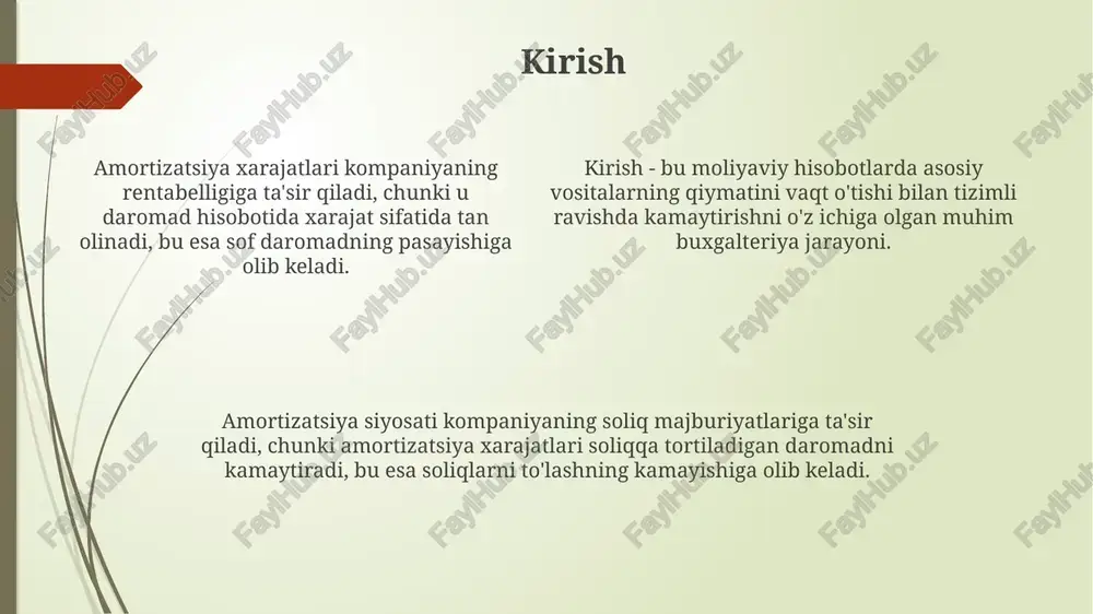 chanlikni ta'minlaydi. depretsiatsiya siyosatining moliyaviy hisobotlarga ta'siri amortizatsiya xarajatlari daromad to'g'risidagi hisobotda operatsion xarajatlar sifatida aks etadi, sof foydani kamaytiradi, lekin ayni paytda pul mablag'lari harakatiga ta'sir qilmaydi (pul oqimi to'g'risidagi hisobotda aks etmaydi). amortizatsiya usulini tanlash (to'g'ri chiziqli, kamayib boruvchi qoldiq) moliyaviy hisobotlarda aktivlarning qiymatini va xarajatlarni qanday taqsimlashni belgilaydi, bu esa rentabellik ko'rsatkichlariga ta'sir qiladi. amortizatsiya siyosati soliqqa tortiladigan foydani kamaytiradi, bu esa korxonalarning soliq yukini qisqartiradi va pul oqimini yaxshilaydi. bu, ayniqsa, tezlashtirilgan amortizatsiya usullarida sezilarli bo'lishi mumkin. depretsiatsiya usullarining turlari accelerated depreciation methods, like double-declining balance, recognize more expense in earlier years and is suitable for assets with high early-life productivity. unit of production depreciation assigns expense based on asset's actual usage, directly linking expense to asset output, suitable for machinery with variable usage. straight-line depreciation, oddiy depreciation, active and simple method where the cost is evenly allocated over asset useful life, results in stable expense …