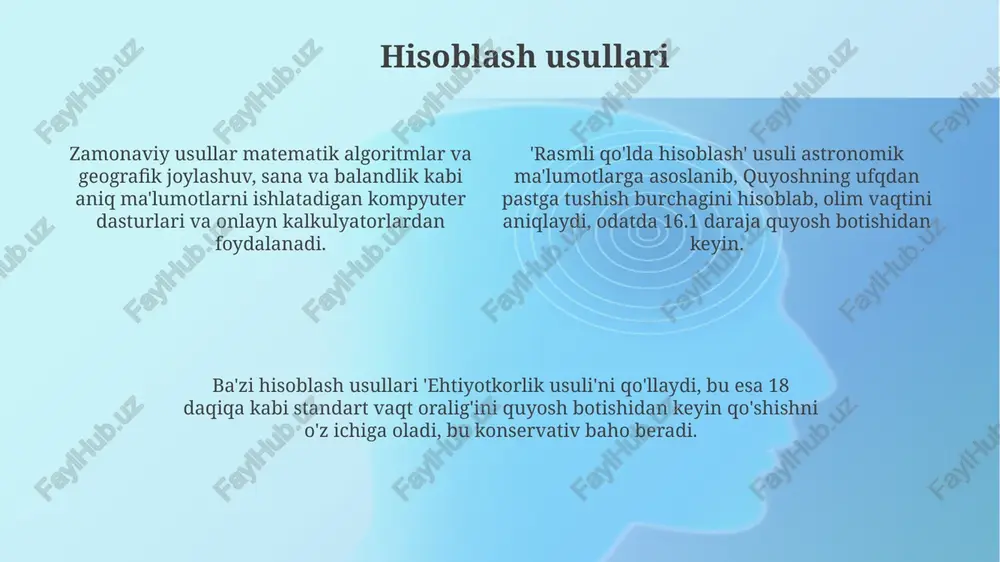 inlaydi, 1 sekundda 10^-15 gacha aniqlikda olim vaqtini belgilash imkonini beradi. vaqt zonalarining ahamiyati vaqt zonalari global moliyaviy bozorlarda muhim rol o'ynaydi, masalan, nyu-york va london o'rtasida 5 soat farq savdoni davom ettirish imkonini beradi. vaqt zonalari telekonferentsiya va biznes uchrashuvlarini rejalashtirish uchun zarur, 5 soatlik farq aloqani qiyinlashtirishi mumkin. vaqt zonalari xalqaro reyslar jadvalini tuzishda muhim ahamiyatga ega, masalan, 10 soatlik farq samolyotning kelish vaqtiga ta'sir qiladi. oyning holati va olim vaqti hilol ko'rinishi, ayniqsa yangi oydan keyingi birinchi hilol, musulmonlar uchun oy taqvimi bo'yicha muhim ahamiyatga ega va olim vaqtini belgilaydi. olim vaqti astronomik kuzatuvlar va matematik hisoblar asosida aniqlanadi, bunda quyosh, yer va oyning pozitsiyalari inobatga olinadi. oyning fazalari, masalan, yangi oy yoki to'lin oy, olim vaqtini aniqlashda muhim ahamiyatga ega, chunki ular 29.53 kunlik sinodik davrni ko'rsatadi. quyoshning holati va olim vaqti quyoshning ufqdan 12-18 daraja pastda boʻlishi olim vaqtini belgilaydi, bu astronomik oqshom deb ataladi …