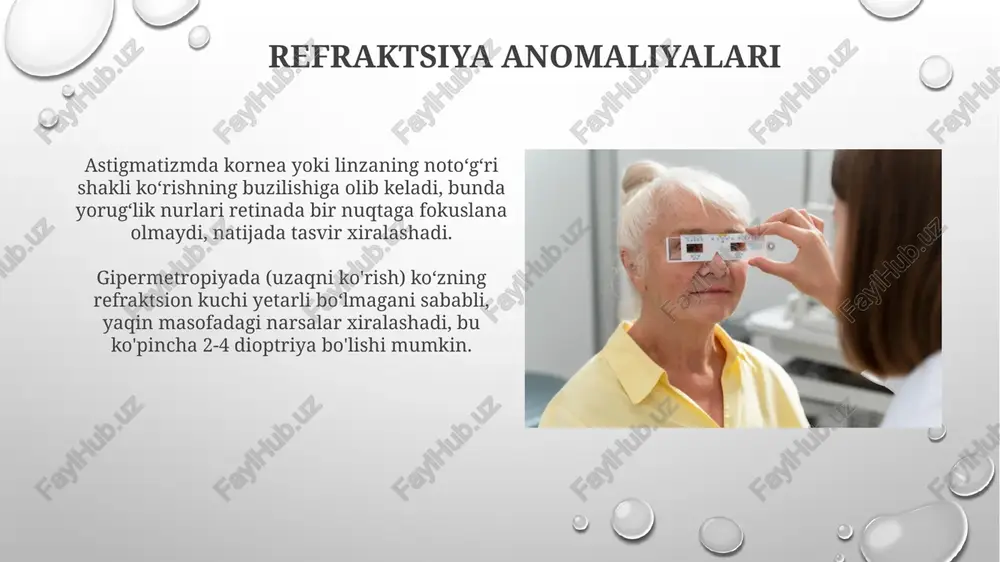 chki bosimini o'lchash (tonometriya) kabi diagnostika usullarini o'z ichiga oladi. ko'zning refractiv xususiyatlari muhim ahamiyatga ega. ko'rishni tekshirish usullari ko'rish o'tkirligini tekshirish snellen jadvali yordamida amalga oshiriladi, unda harflar yoki raqamlar 20/20 (6/6) ko'rish darajasini aniqlash uchun turli o'lchamlarda ko'rsatiladi. ko'z ichki bosimini o'lchash tonometriya orqali amalga oshiriladi, glaukoma tashxisini qo'yishda muhim ahamiyatga ega bo'lib, 10-21 mm hg normal diapazonda bo'lishi kerak. ko'zning anatomiyasi va fiziologiyasi ko'zning to'r pardasi 10 qatlamdan iborat bo'lib, unda taxminan 120 million tayoqchalar (qorong'ida ko'rish) va 6-7 million konuslar (rangli ko'rish) joylashgan, bu yorug'likni nerv impulslariga aylantiradi. ko'z mushaklari, shu jumladan to'g'ri (4 ta) va qiyalik (2 ta) mushaklar, ko'zni harakatga keltiradi; medial rektus ko'zni burunga, lateral rektus esa tashqariga harakatlantiradi. e'tiboringiz uchun rahmat @taqdimot_robot image2.png image5.jpg image6.jpg image7.jpg image8.jpg image9.jpg image10.jpg image11.jpg image12.jpg image13.jpg image14.jpg image15.jpg image16.jpg image17.jpg image18.jpg image19.jpg image20.jpg image21.jpg image3.png