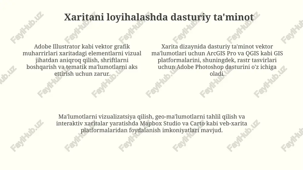 xaritalari koppen iqlim tasnifi tizimi kabi iqlim zonalarini ko'rsatadi, bu esa o'simliklar tarqalishi, tuproq turlari va gidrologik sharoitlar bilan bog'liqlikni aks ettiradi. iqlim xaritalari 1:10,000,000 dan 1:90,000,000 gacha bo'lgan masshtabda yaratilishi mumkin, ular temperaturaning o'rtacha yillik ko'rsatkichlarini va yog'ingarchilik miqdorini aks ettirishi lozim. iqlim xaritalari izotermalar, izobarlar va izogiyetlar kabi izochiziqlar yordamida ma'lum bir hududning o'rtacha temperaturasi, atmosfera bosimi va yog'in miqdorini vizual tarzda ifodalaydi. xaritani loyihalashning asosiy tamoyillari kichik xaritalarda soddalik kerak, ortiqcha detallarni olib tashlab, diqqatni asosiy xususiyatlarga qaratish lozim, masalan, aholi zichligi 1 km kv dan 100 km kv gacha bo'lgan hududlarda. xaritalarni loyihalashda aniqlik muhim, geodezik ma'lumotlar va aniq koordinatalar asosida 1:10000 dan 1:1000000 gacha bo'lgan masshtablarda geografik realizmni ta'minlash talab etiladi. xaritaning vizual ierarxiyasi muhim; asosiy elementlar (masalan, yo'llar, shaharlar) ikkinchi darajali elementlardan (o'rmonlar, daryolar) farqlanadigan qilib ajratiladi, ranglar va qalinliklar orqali. belgilar va simvollar ranglar ham simvollar sifatida xizmat qilishi mumkin: masalan, ko'k rang …